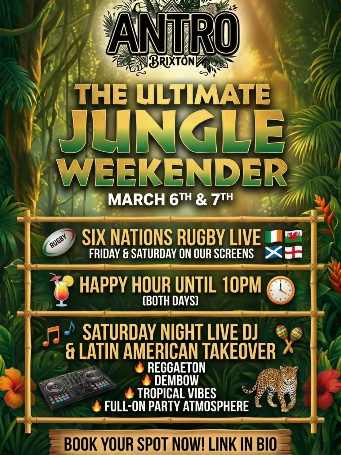 🌴🚨 BRIXTON! The jungle is calling for THE ULTIMATE WEEKENDER! 🚨🌴

Clear your schedules for this Friday, March 6th &amp; Saturday, March 7th. We are pulling out all the stops at Antro for two days of non-stop action, huge matches, and serious vibe