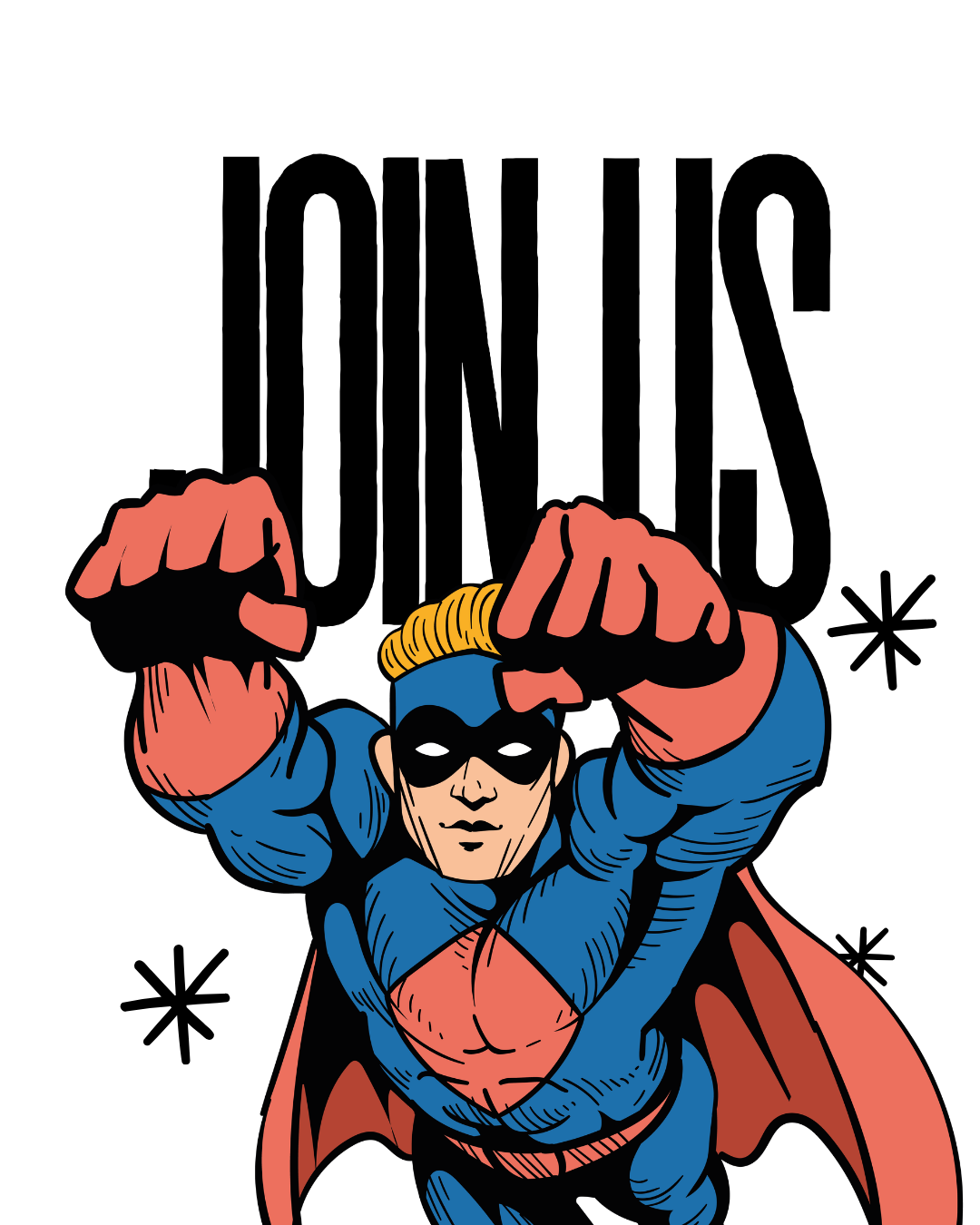 Colorful comic-style illustration of a superhero wearing a blue costume, black mask, and red cape, with a determined expression, fists raised, and a black background.