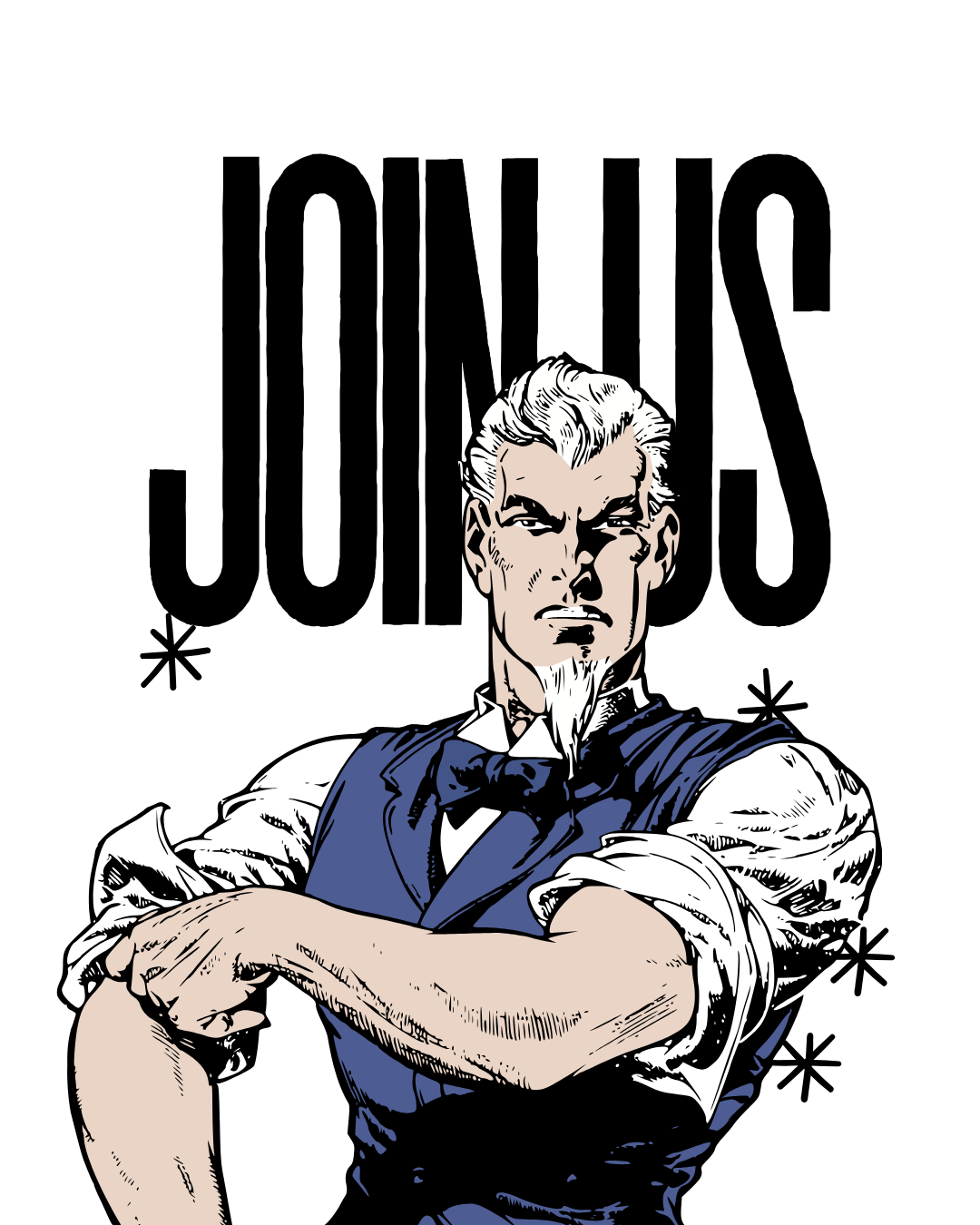 Comic-style illustration of a muscular man with a white beard and hair, wearing a blue vest, white shirt, and black bow tie, posing with his arms crossed against a black background.