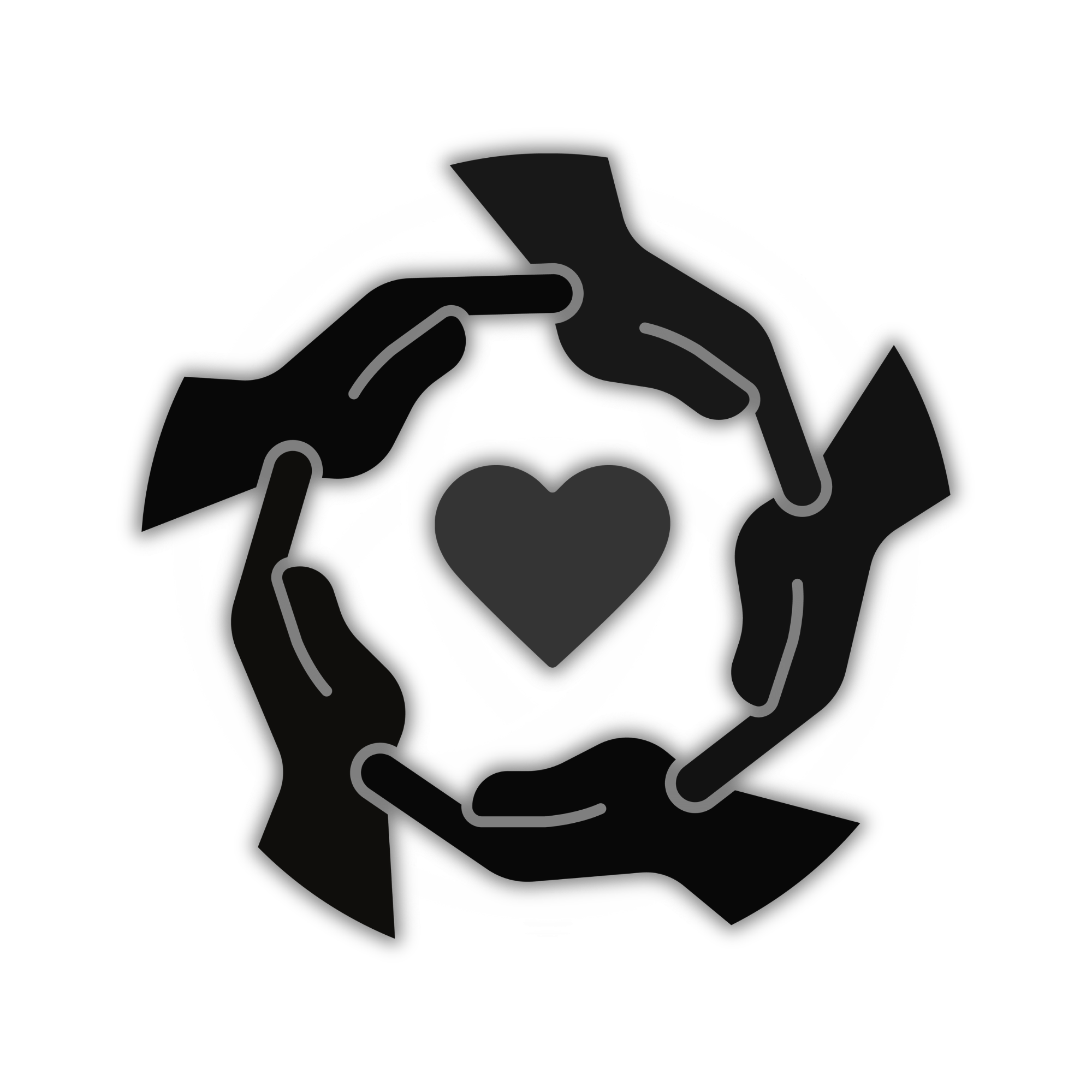 A black and white illustration of two hands forming a heart shape over a stylized heart symbol.