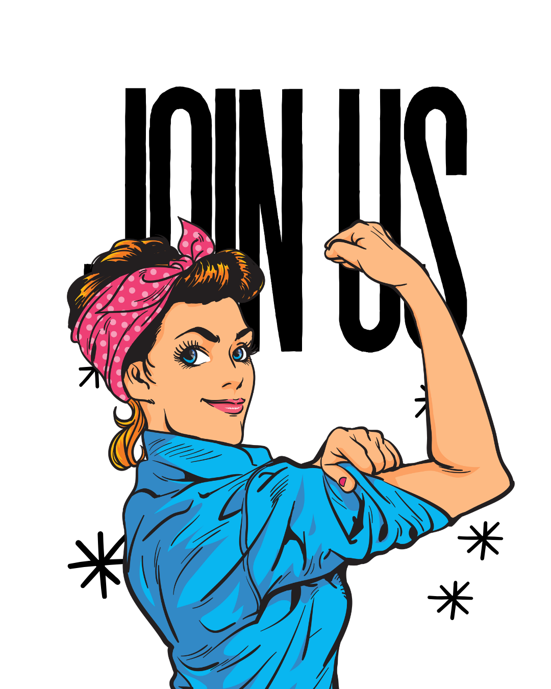 A woman dressed in 1950s style, wearing a blue shirt and a pink polka dot headscarf, flexing her right arm in a victory pose.