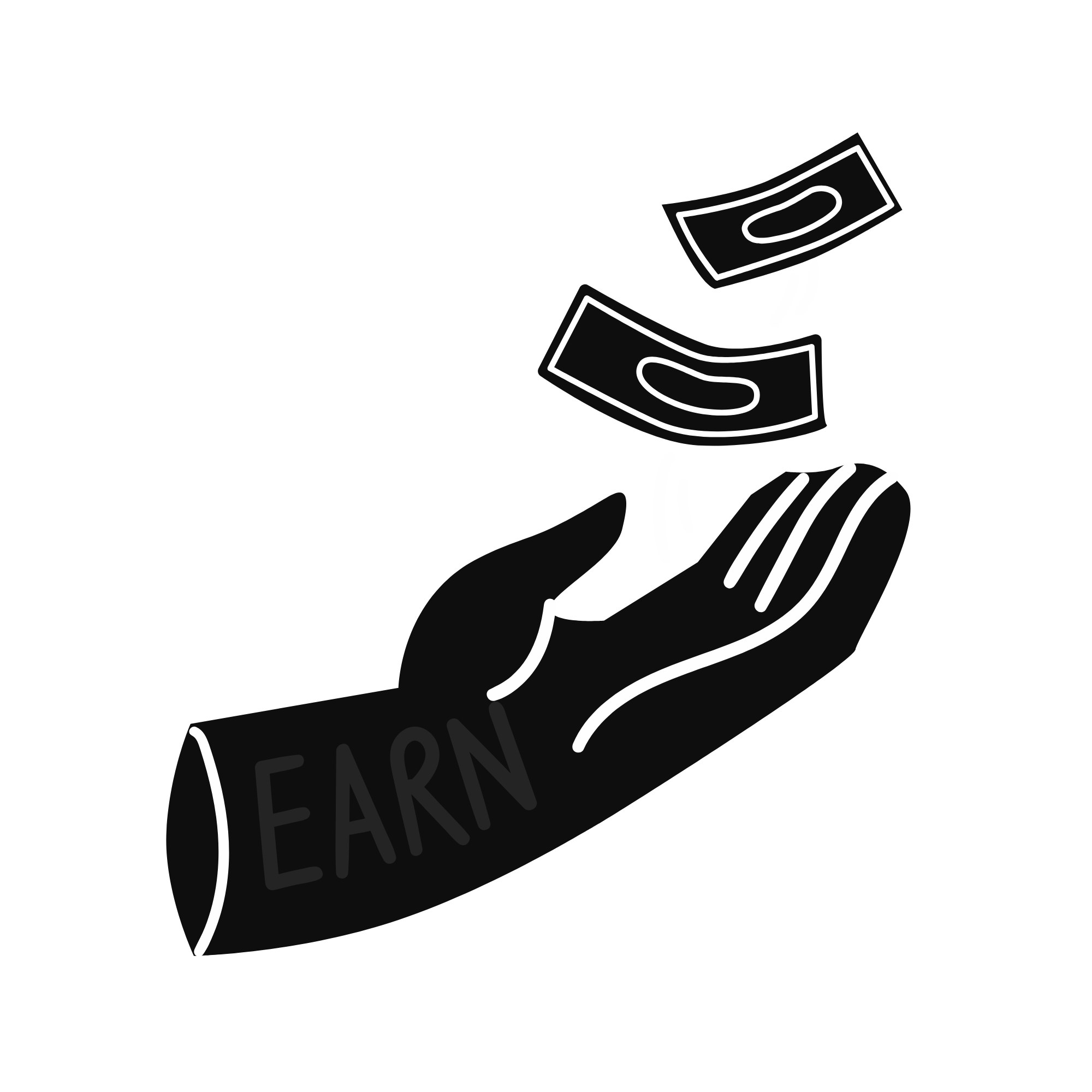 Neon sign with two flying dollar bills and broken text reading 'EARN' and 'FEAR'
