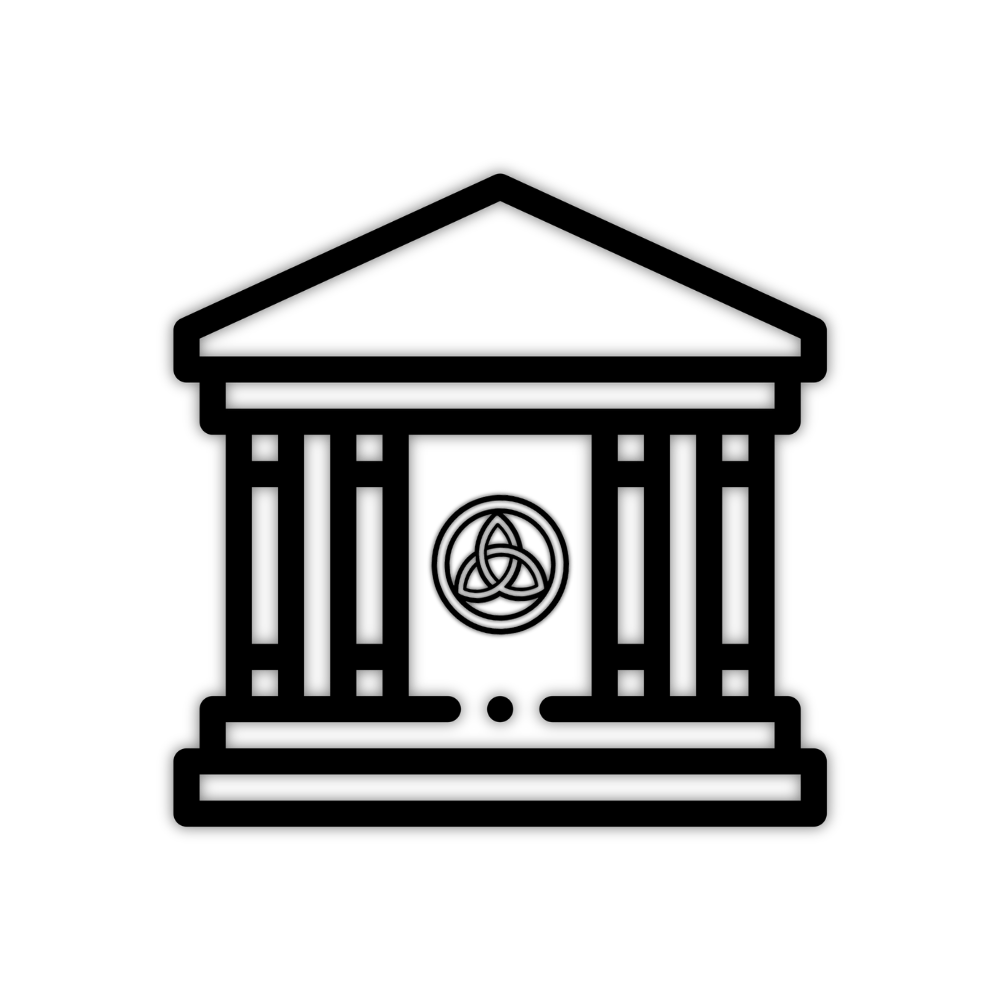 Outline drawing of a traditional Japanese torii gate with a circular emblem featuring a knot design in the center.