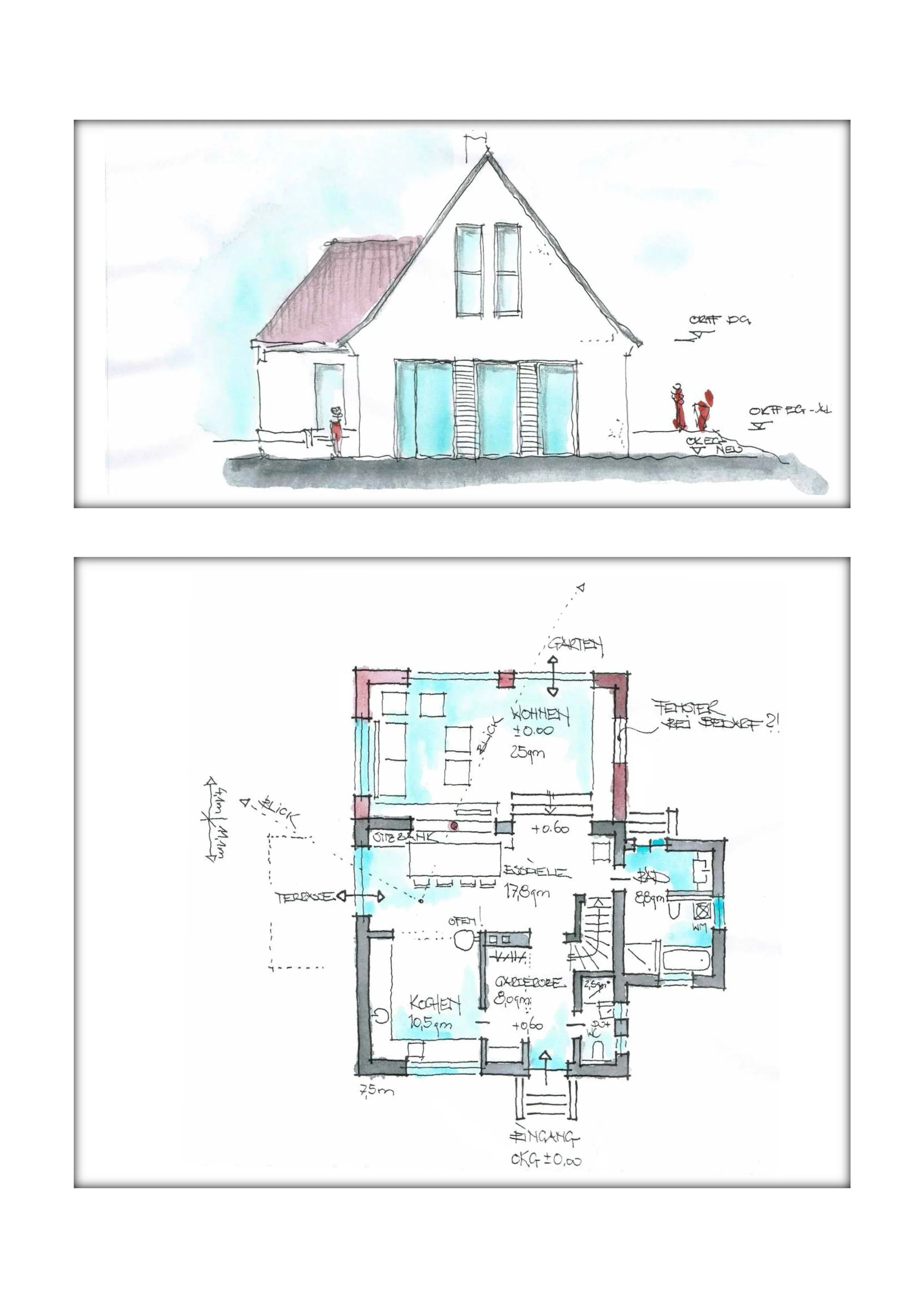 Bespiel für Entwurfsskizze für Hauserweiterung mit Anbau