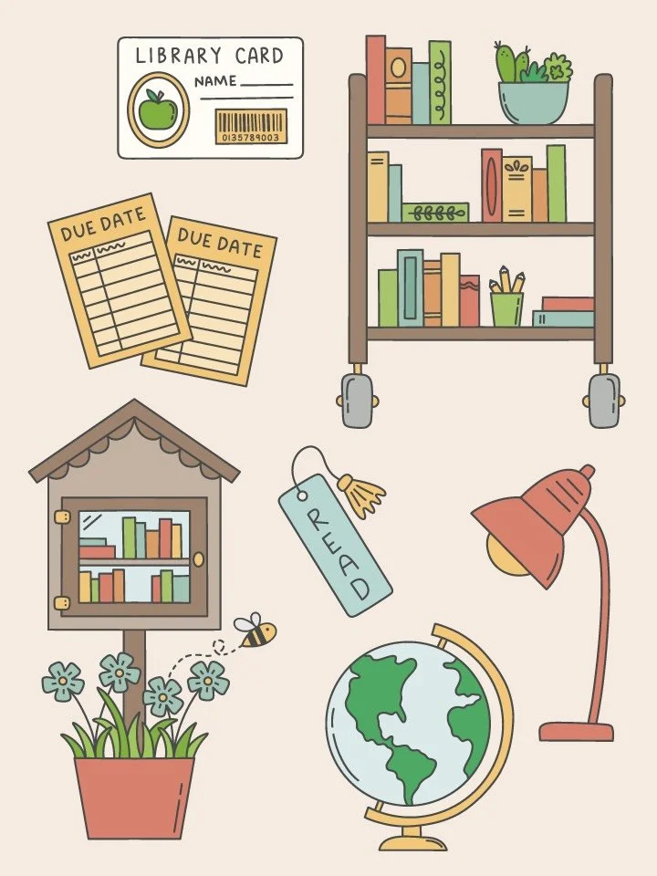 A well-loved book cart, a tiny Little Free Library waiting to be explored, a library card full of possibilities, a cozy reading lamp, a globe ready for the next adventure, and a favorite bookmark tucked between the pages - they&rsquo;re the little th
