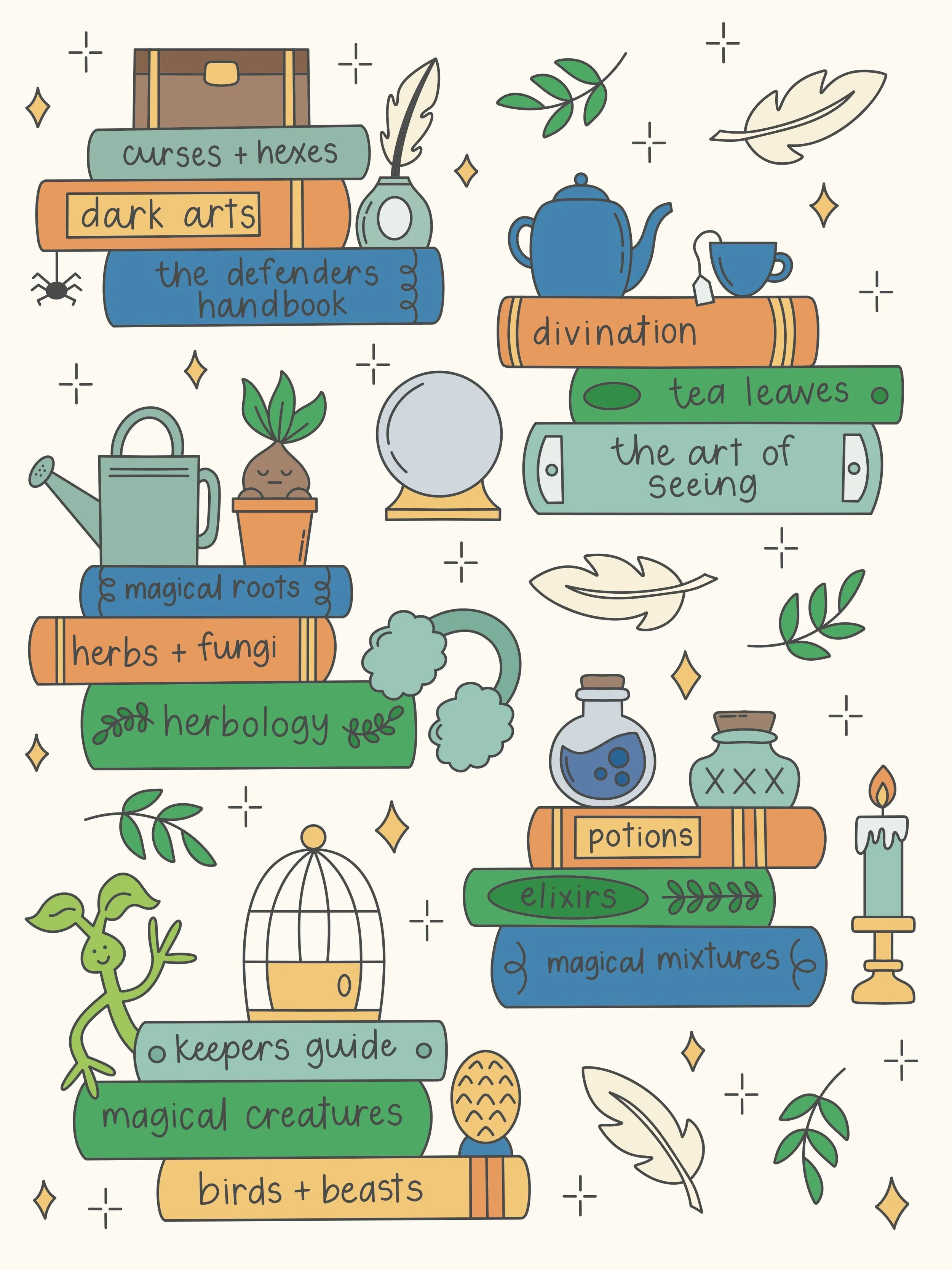 What if you could peek inside the bookshelves of a certain magical school? I had so much fun adding all the tiny details and imagining what these well-loved school books might look like sitting together on a shelf in the classrooms. 

Which Hogwarts 