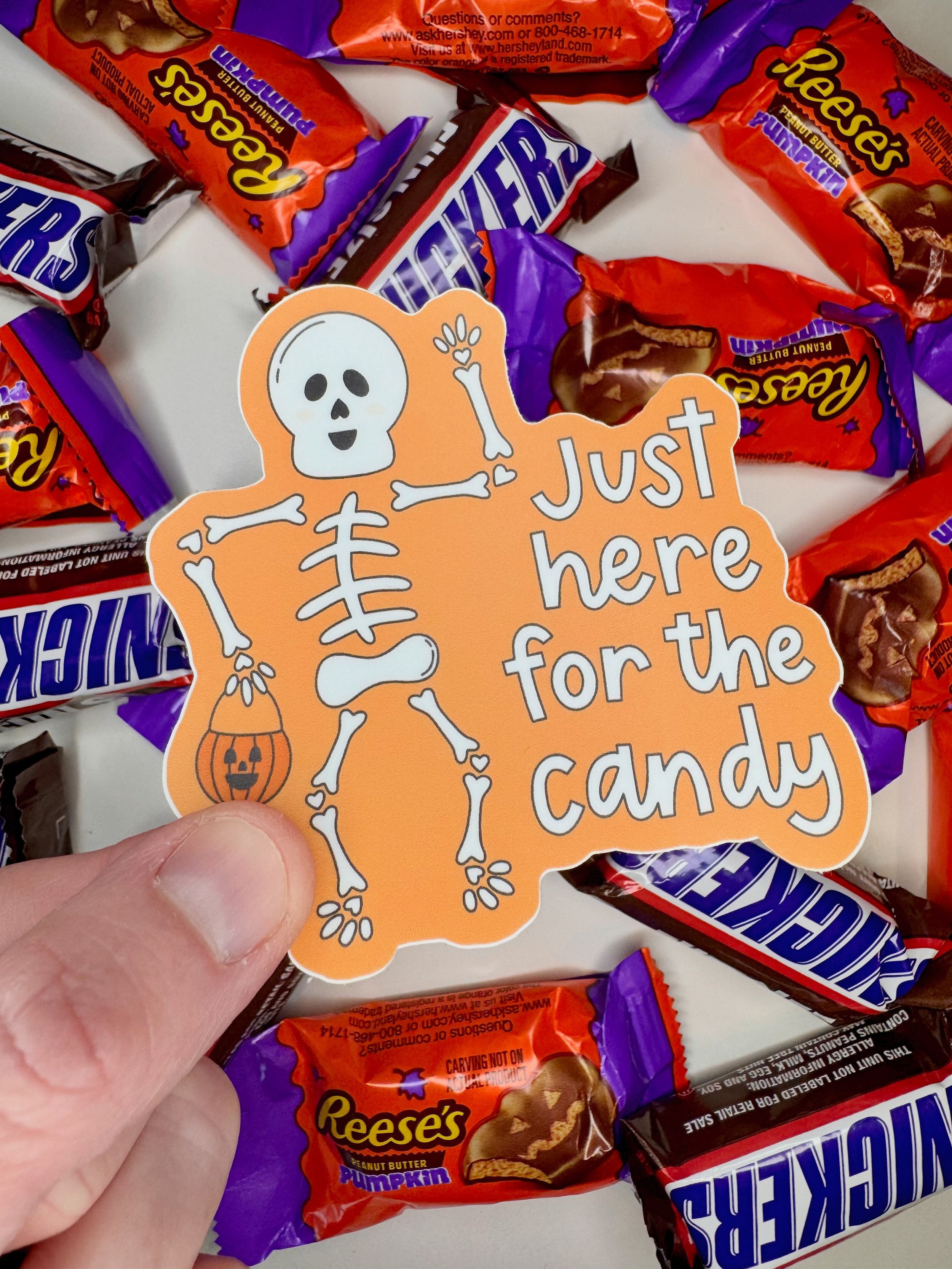 I&rsquo;ve bought one bag of Snickers and one bag of Reese&rsquo;s - must stay strong and not buy more. 

What&rsquo;s your favorite Halloween candy?

Sticker is available in my shop for all my sweet tooth friends! #hereforthecandy 

#halloweensticke