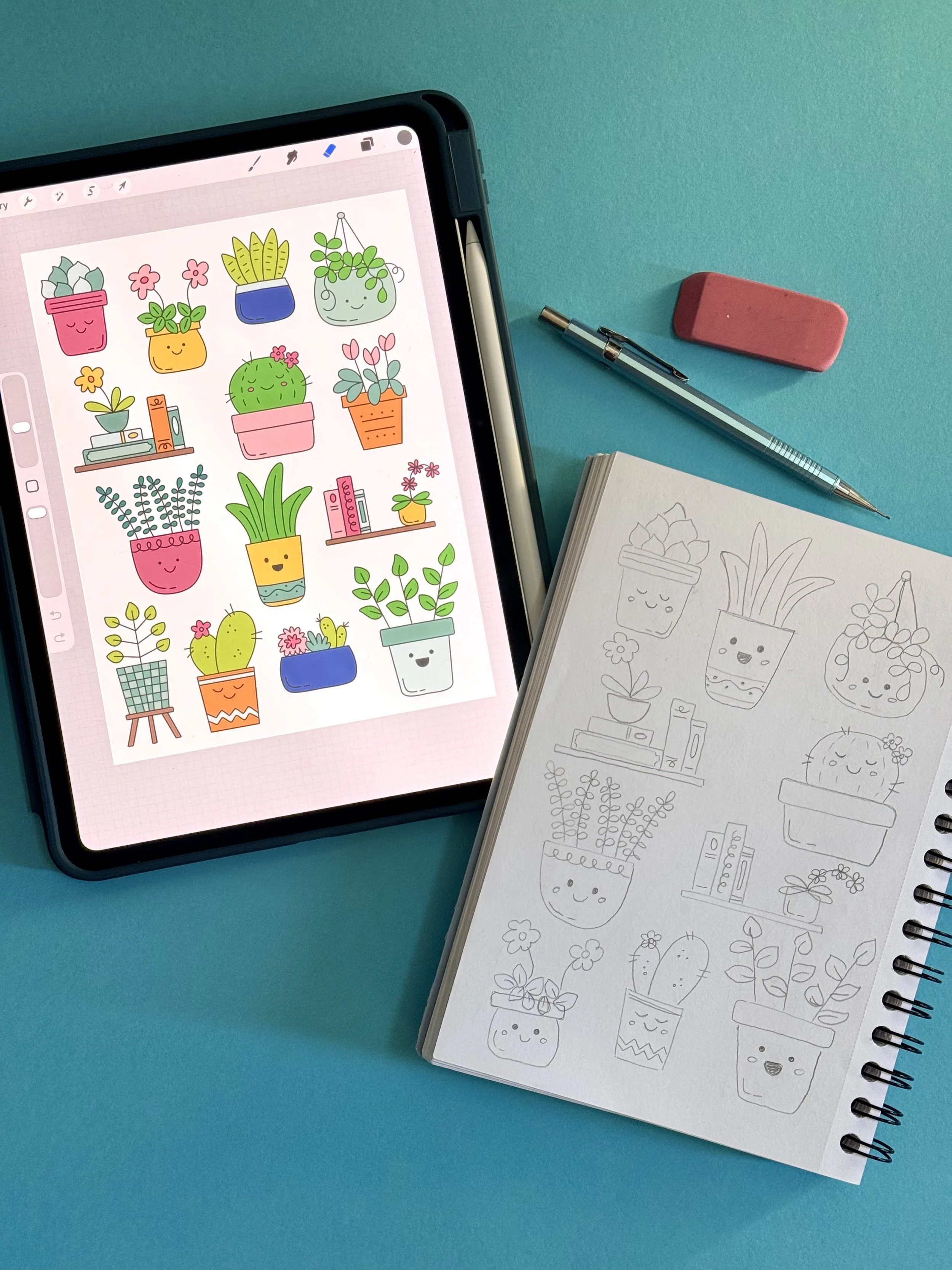 Pencil Sketch of Plants and iPad with Digital Art
