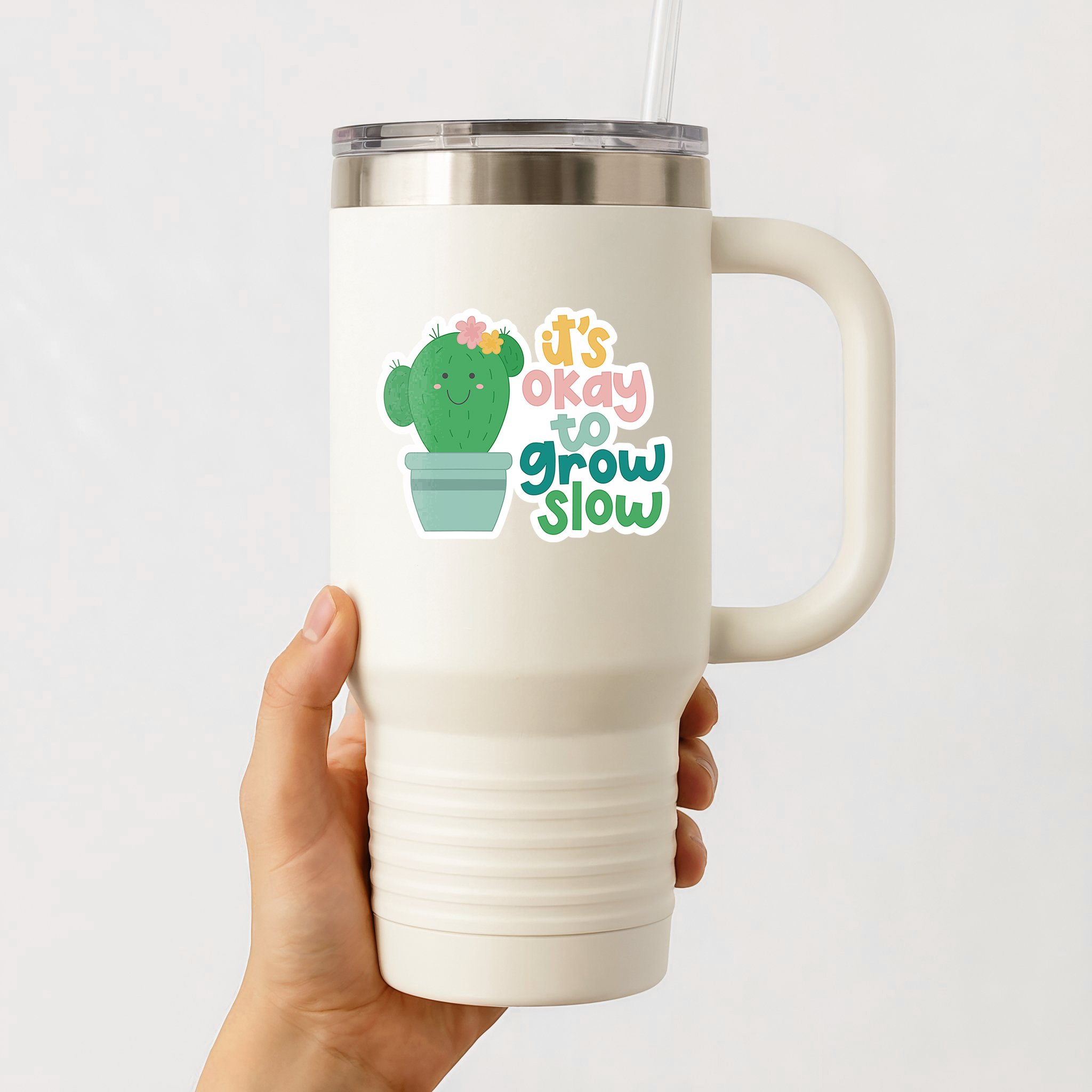 Tumbler Mockup with It's Okay to Grow Slow Vinyl Sticker