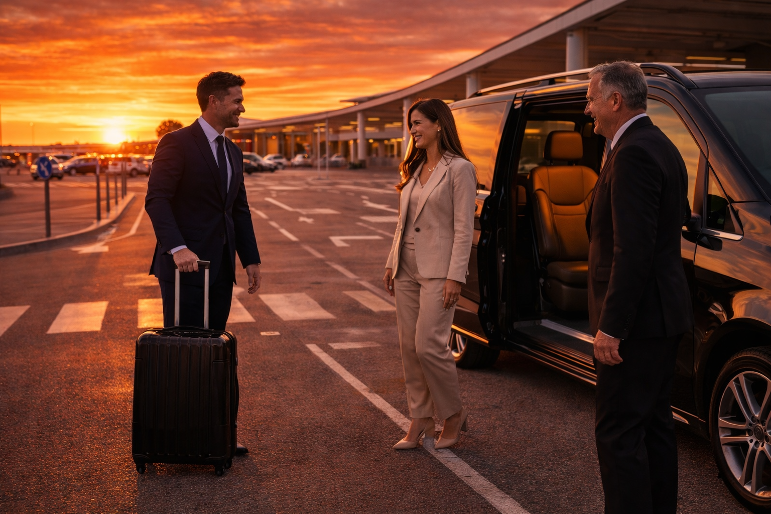 Trois personnes en costume saluent en quittant un véhicule de luxe dans un parking à l'aéroport au coucher de soleil.