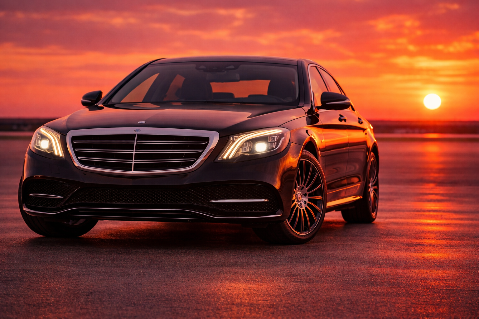 Voiture noire de luxe Mercedes-Benz sur une route lors d'un coucher de soleil