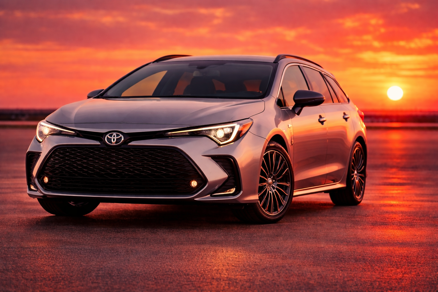 Voiture blanche Toyota en premier plan, au bord d'une route, avec un coucher de soleil en arrière-plan