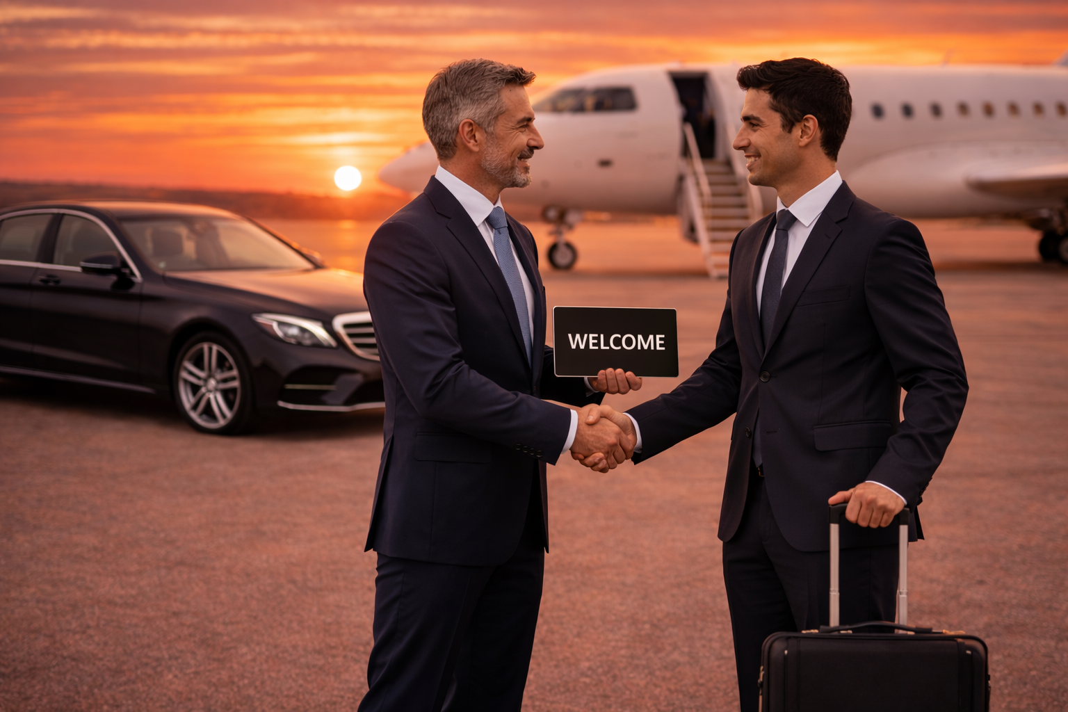 Deux hommes d'affaires en costume se serrent la main à l'aéroport lors du coucher du soleil, avec un avion privé et une voiture de luxe en arrière-plan, un homme tient une valise et une pancarte avec 'WELCOME'.
