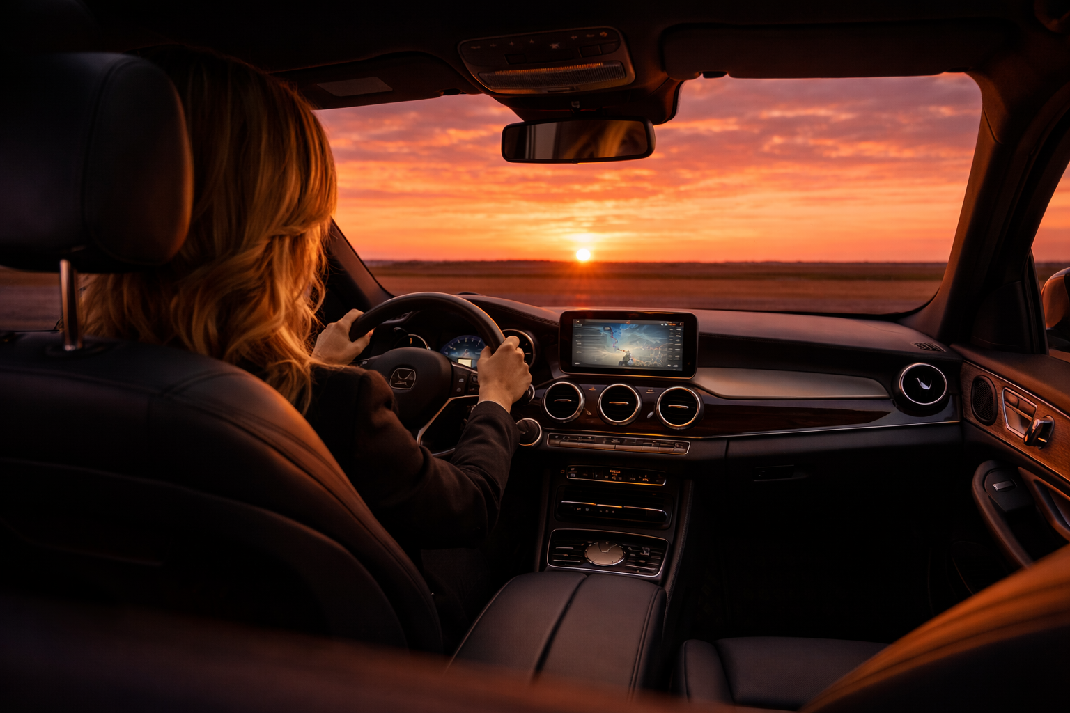 Femme conduisant une voiture lors d'un coucher de soleil