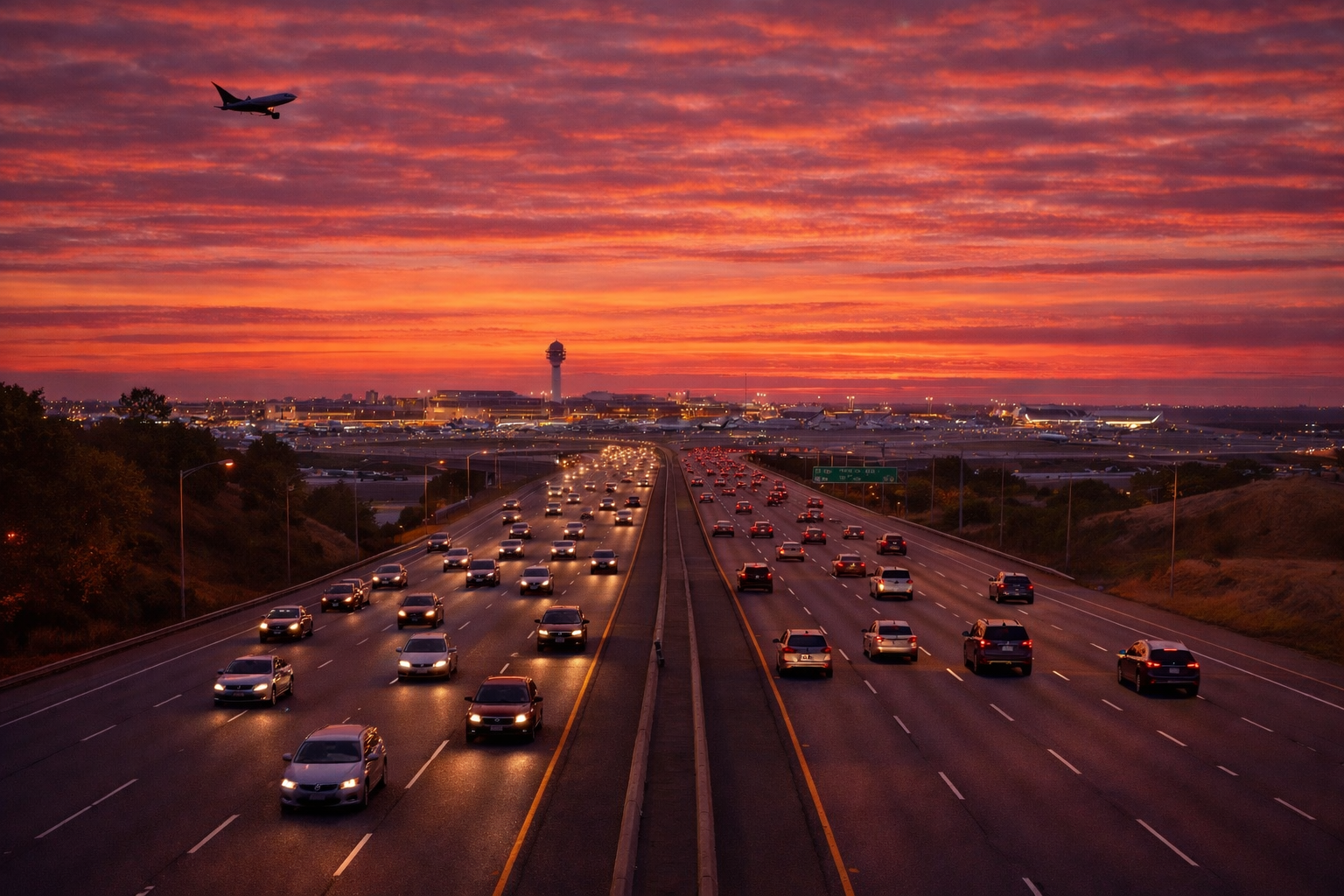 Photo d'un aéroport avec un ciel au coucher du soleil, un avion en vol et une autoroute avec beaucoup de voitures en mouvement.