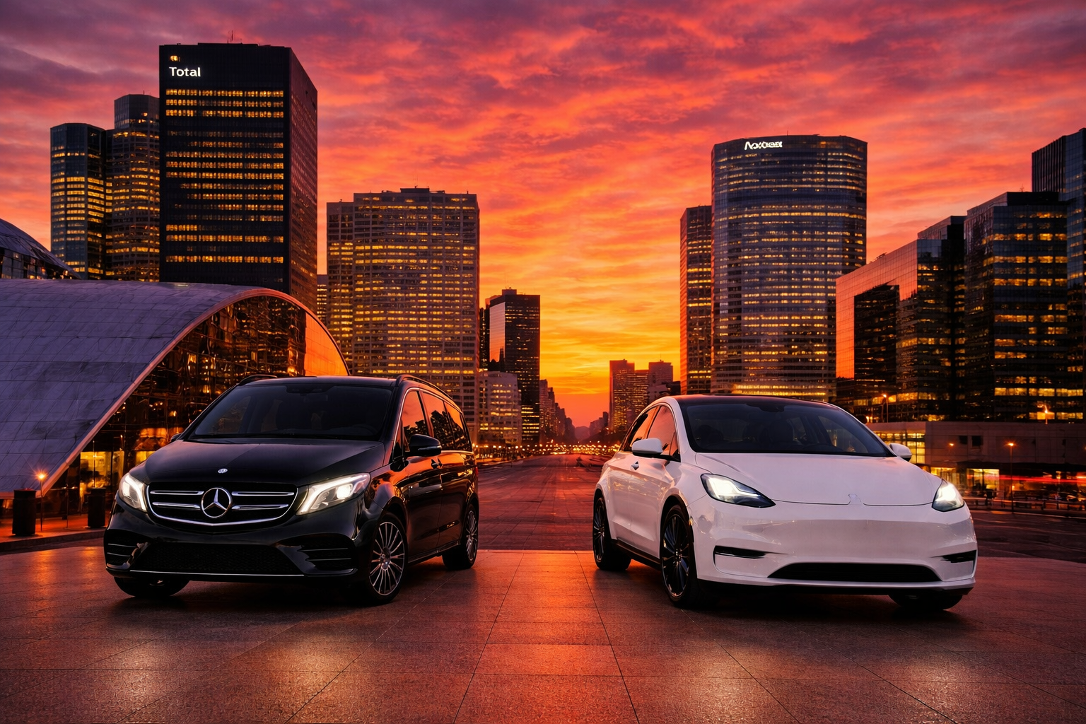 Deux voitures, une Mercedes noire et une Tesla blanche, stationnées sur une place face à un skyline de gratte-ciel lors d'un coucher de soleil avec un ciel aux couleurs oranges et roses.