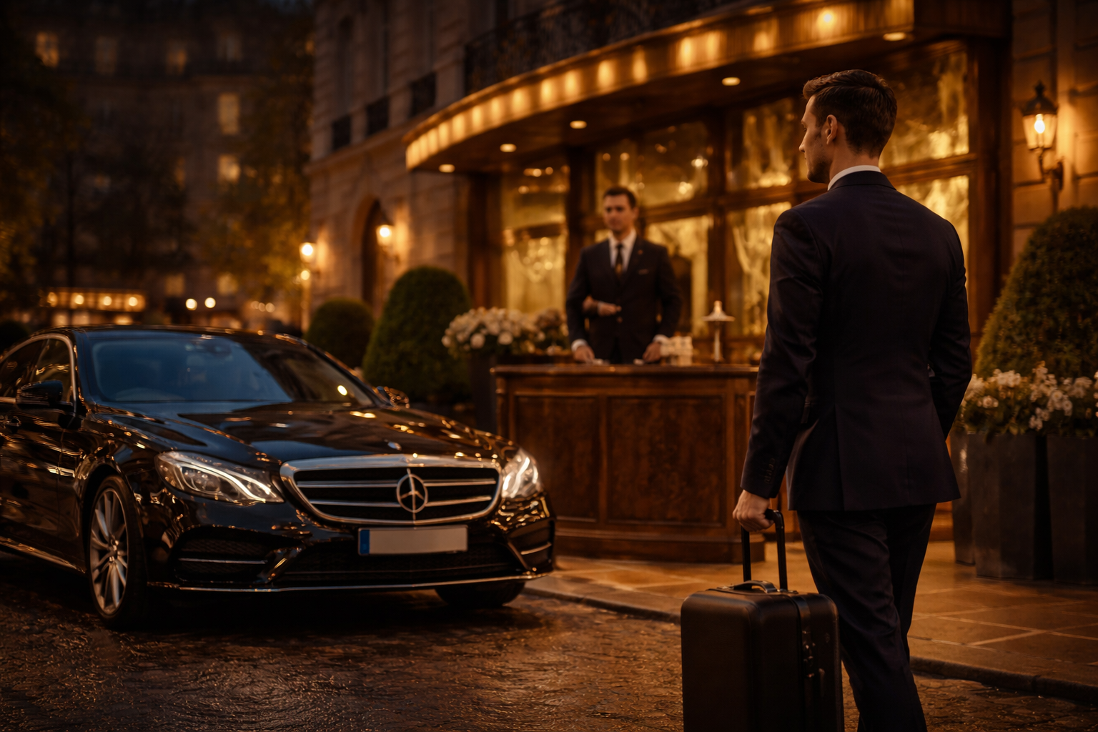 Un homme en costume avec une valise regarde une personne derrière un comptoir devant une voiture de luxe noire devant un hôtel élégant en soirée.