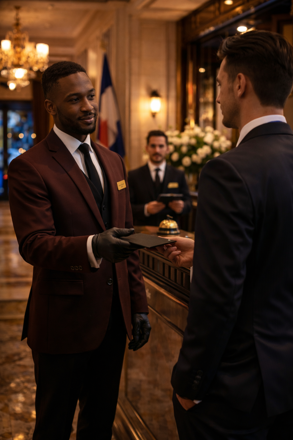 Un employé de réception en uniforme remettant une clé à un client dans un hôtel élégant avec des décorations luxueuses.