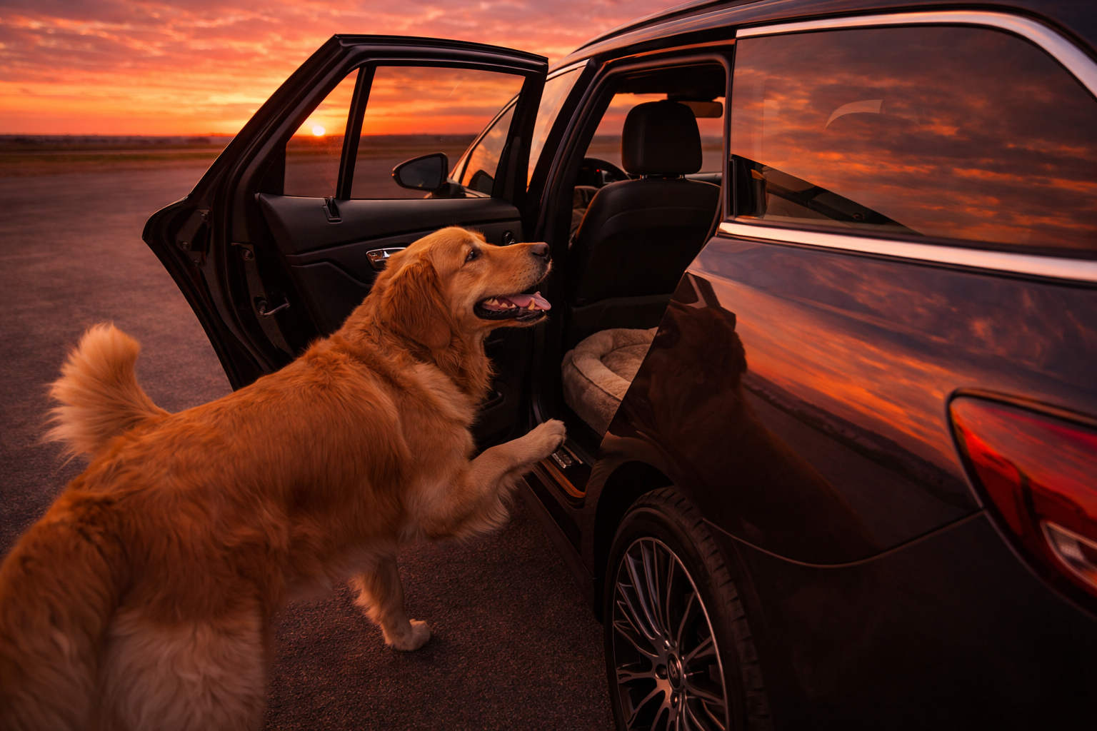 Un chien golden retriever près d'une voiture noire à l'heure du coucher du soleil, avec un ciel orange et des nuages dans le fond.