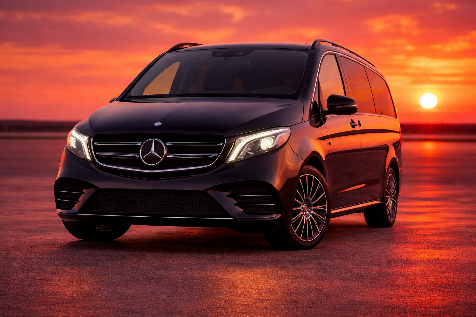 Une voiture Mercedes-Benz noire sur une route au coucher du soleil