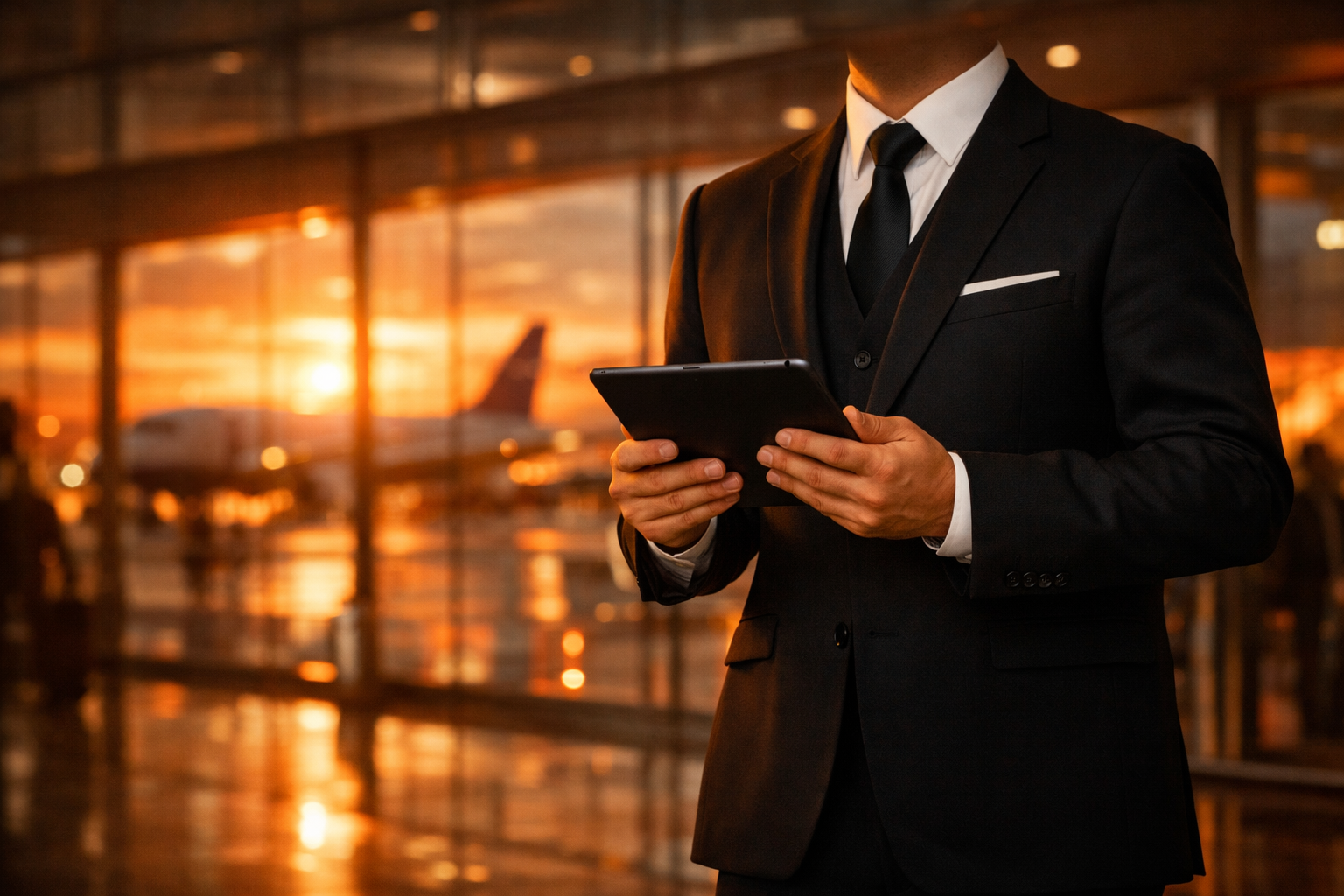 Homme d'affaires en costume noir tenant une tablette dans un aéroport avec un avion en arrière-plan au coucher de soleil.