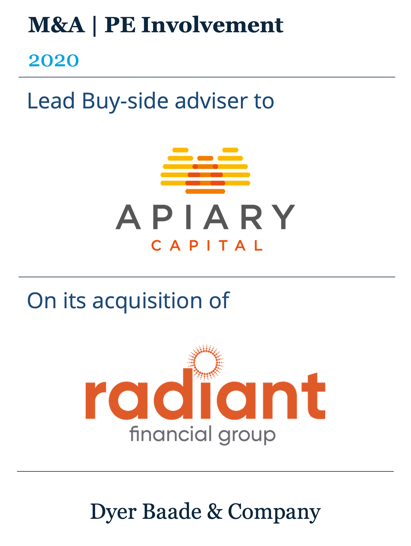 Dyer Baade acted as lead buy-side adviser to Apiary Capital on its investment in Radiant Financial Group