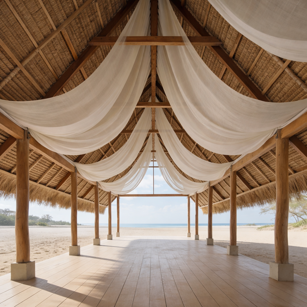 Open-air beachfront pavilion with wooden posts, a thatched roof, and white drapery decor, overlooking the beach and ocean.