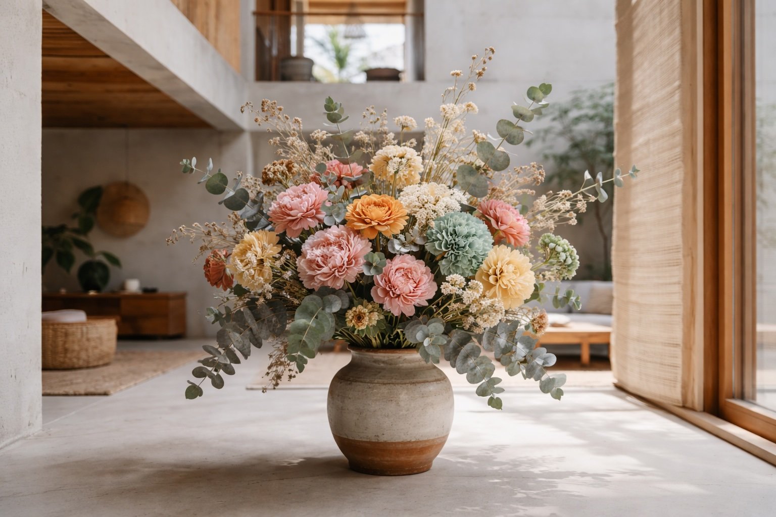 A large flower arrangement with pink, yellow, peach, and green flowers and eucalyptus leaves in a rustic ceramic vase on a light-colored surface in a modern, minimalist interior.