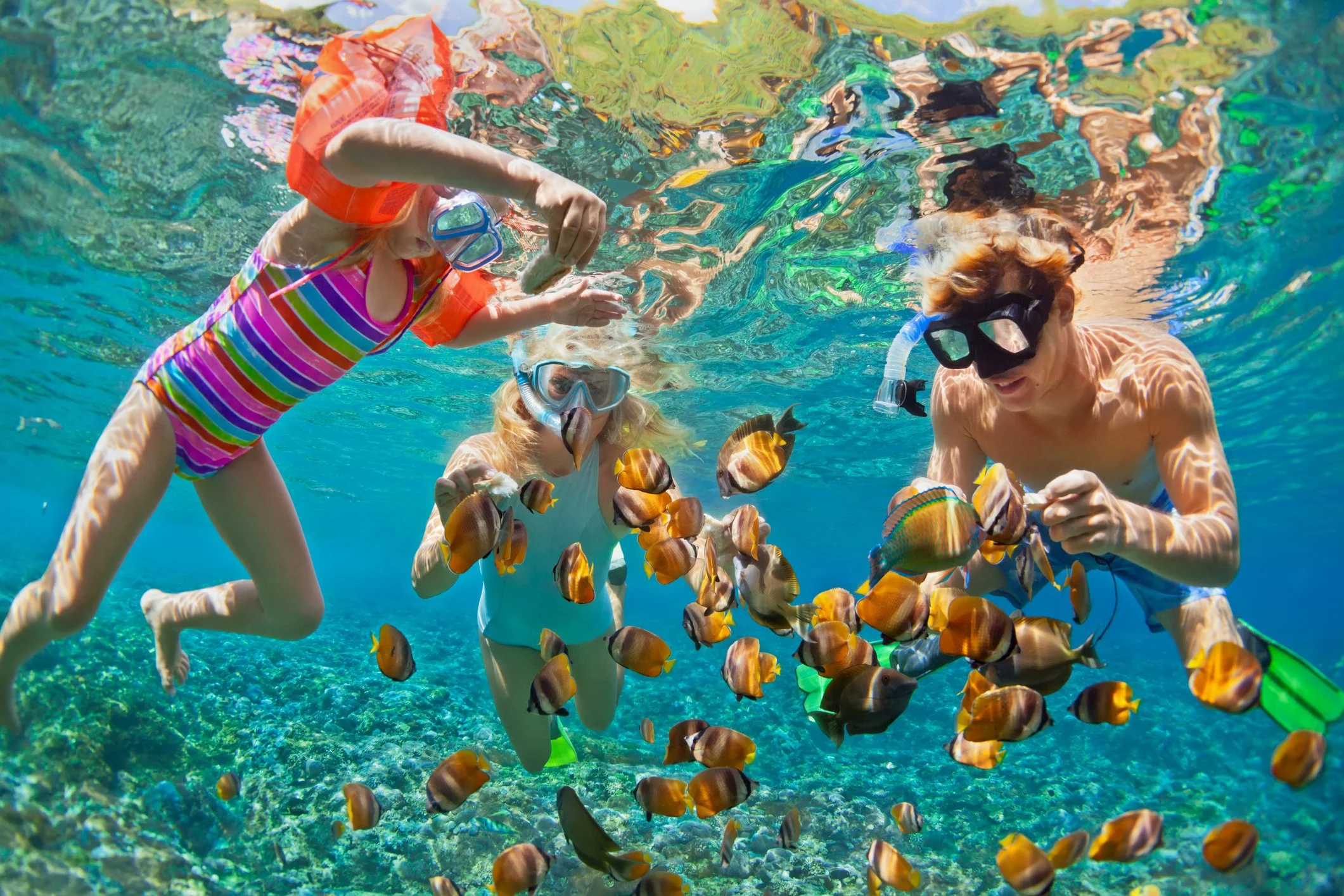 Three children snorkeling underwater in a coral reef, surrounded by colorful fish, with two wearing masks and one with a snorkel, enjoying marine life.