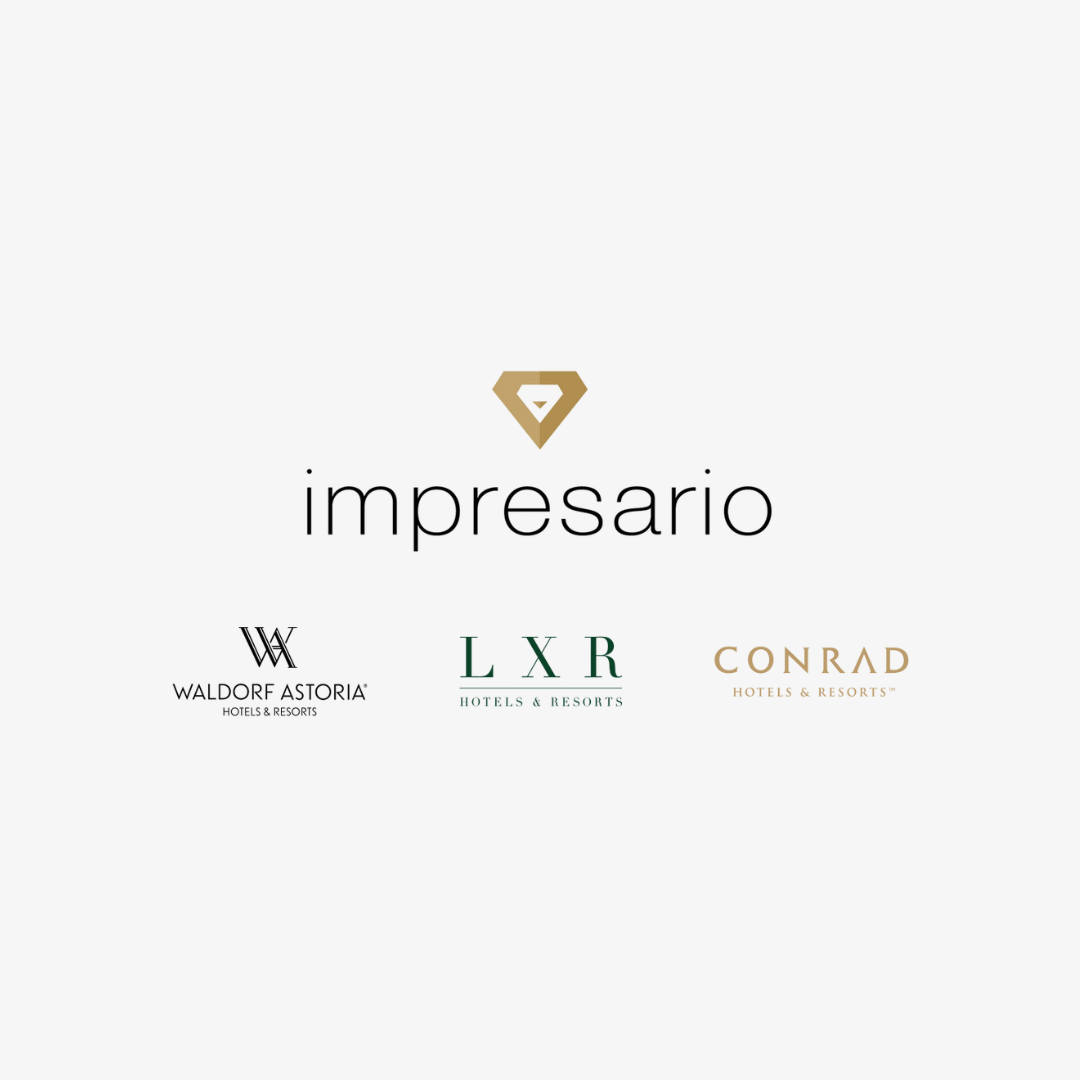 Logo with a gold diamond symbol above the word 'impresario' and three hotel brand logos beneath: Waldorf Astoria, LXR Hotels & Resorts, and Conrad Hotels & Resorts.