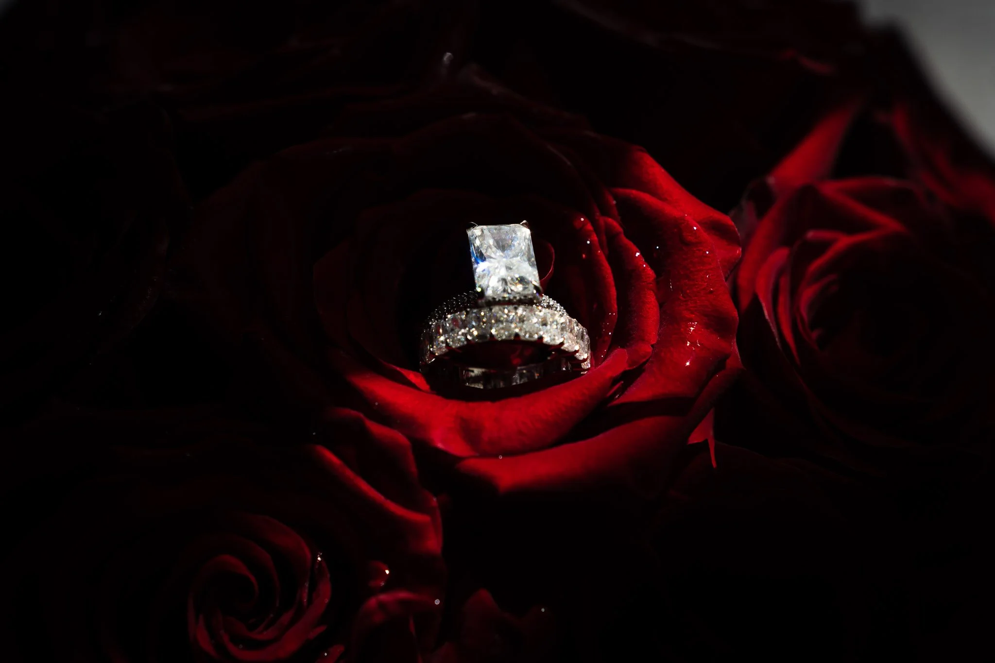 A close-up of a diamond engagement ring with a large rectangular center stone and a wedding band with smaller diamonds, placed on a dark red rose with water droplets.