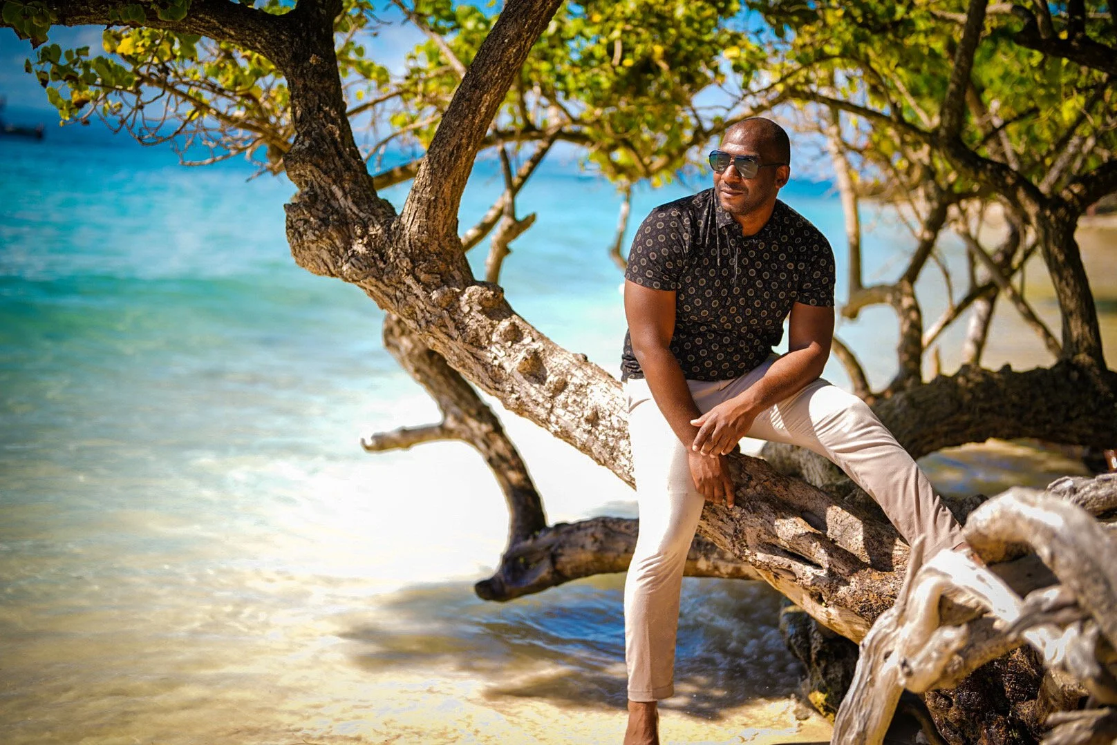 A man wearing sunglasses, a black patterned shirt, and beige pants is sitting on a large fallen tree on a sandy beach with turquoise water in the background.