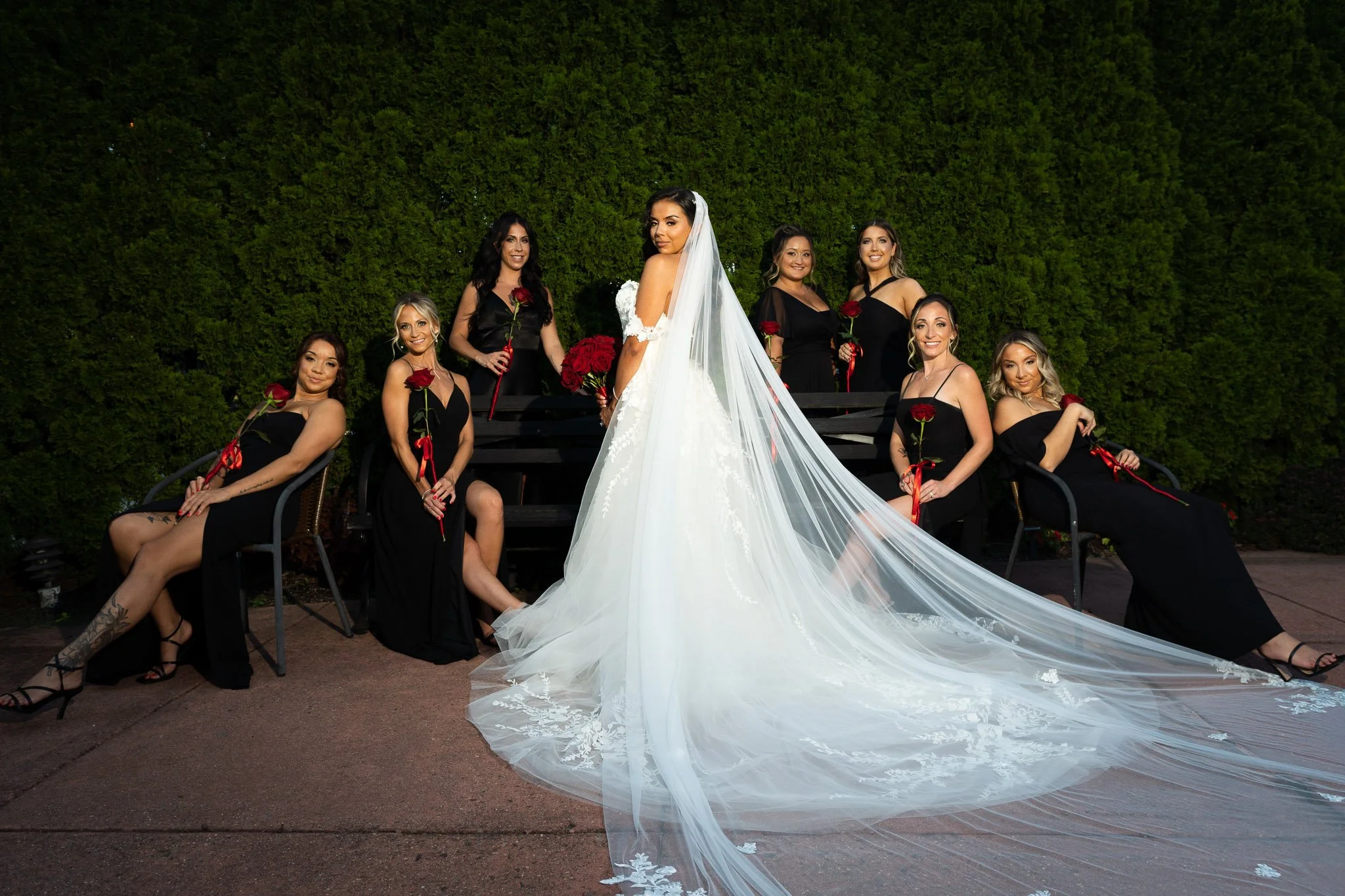 Wedding bride in a white gown with a long veil, surrounded by eight bridesmaids in black dresses, holding red roses, outdoors with a green hedge background.