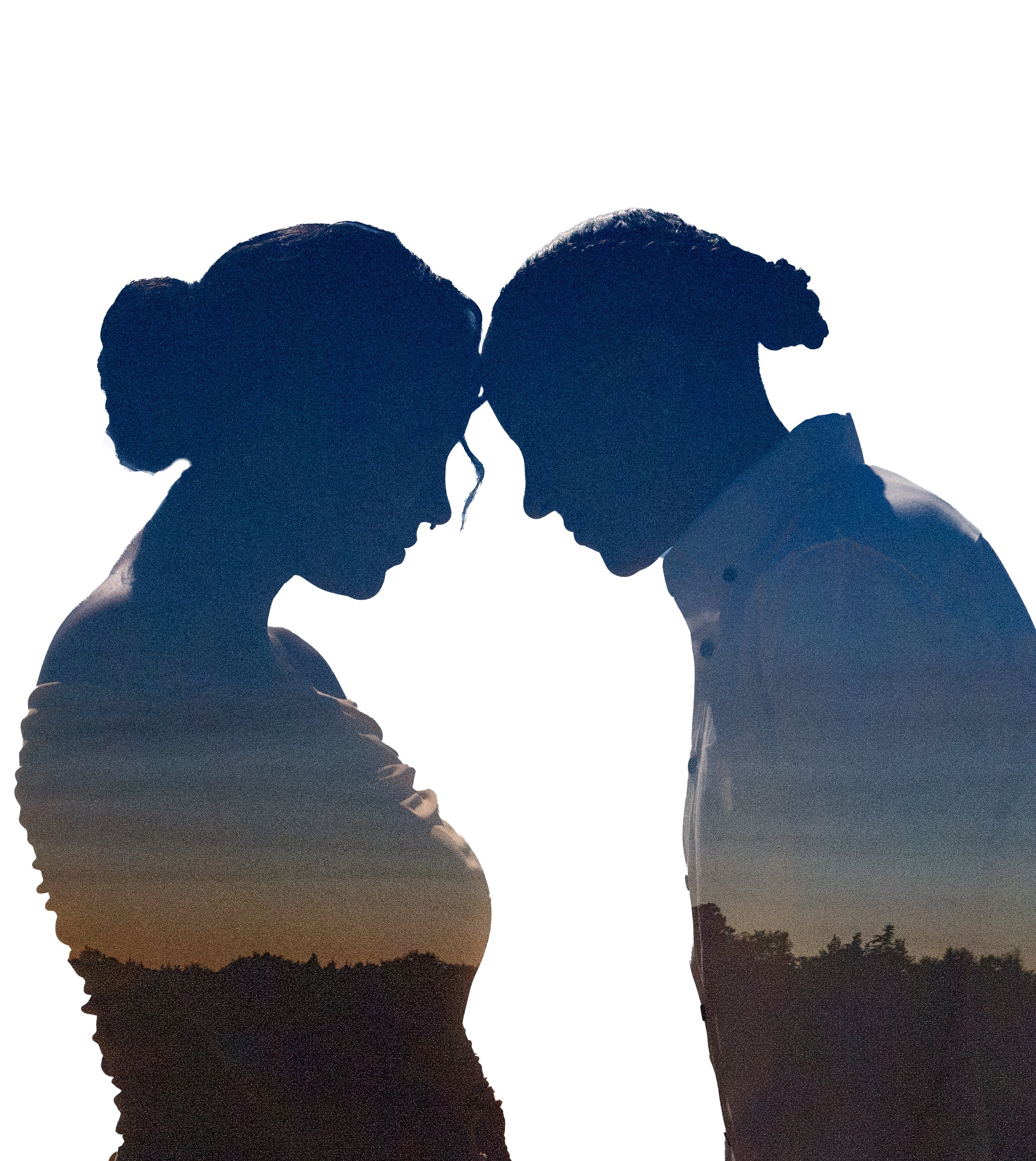 Silhouettes of a man and woman facing each other with foreheads touching, overlay of a sunset landscape with trees.