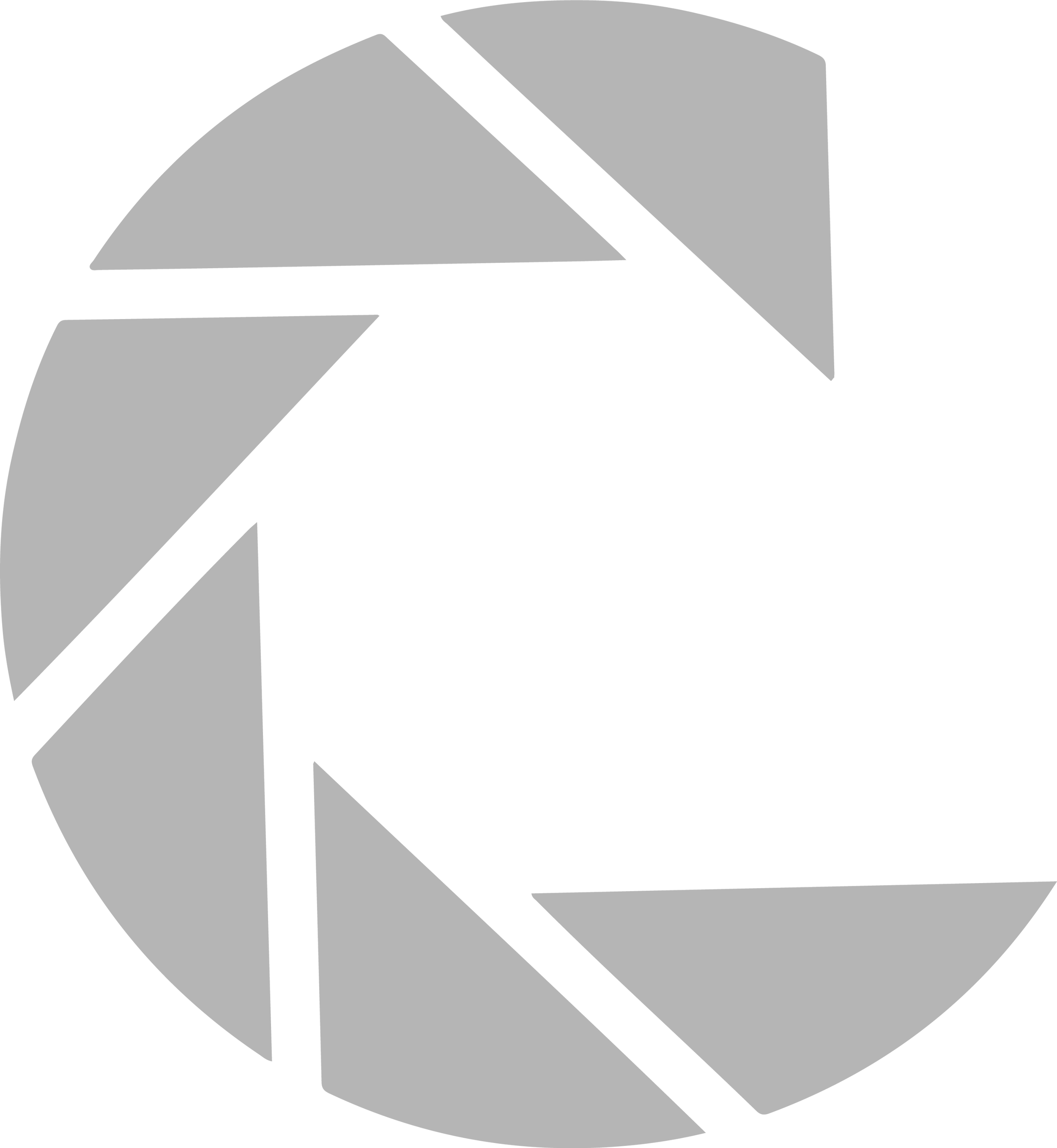 A stylized black and gray camera shutter icon.