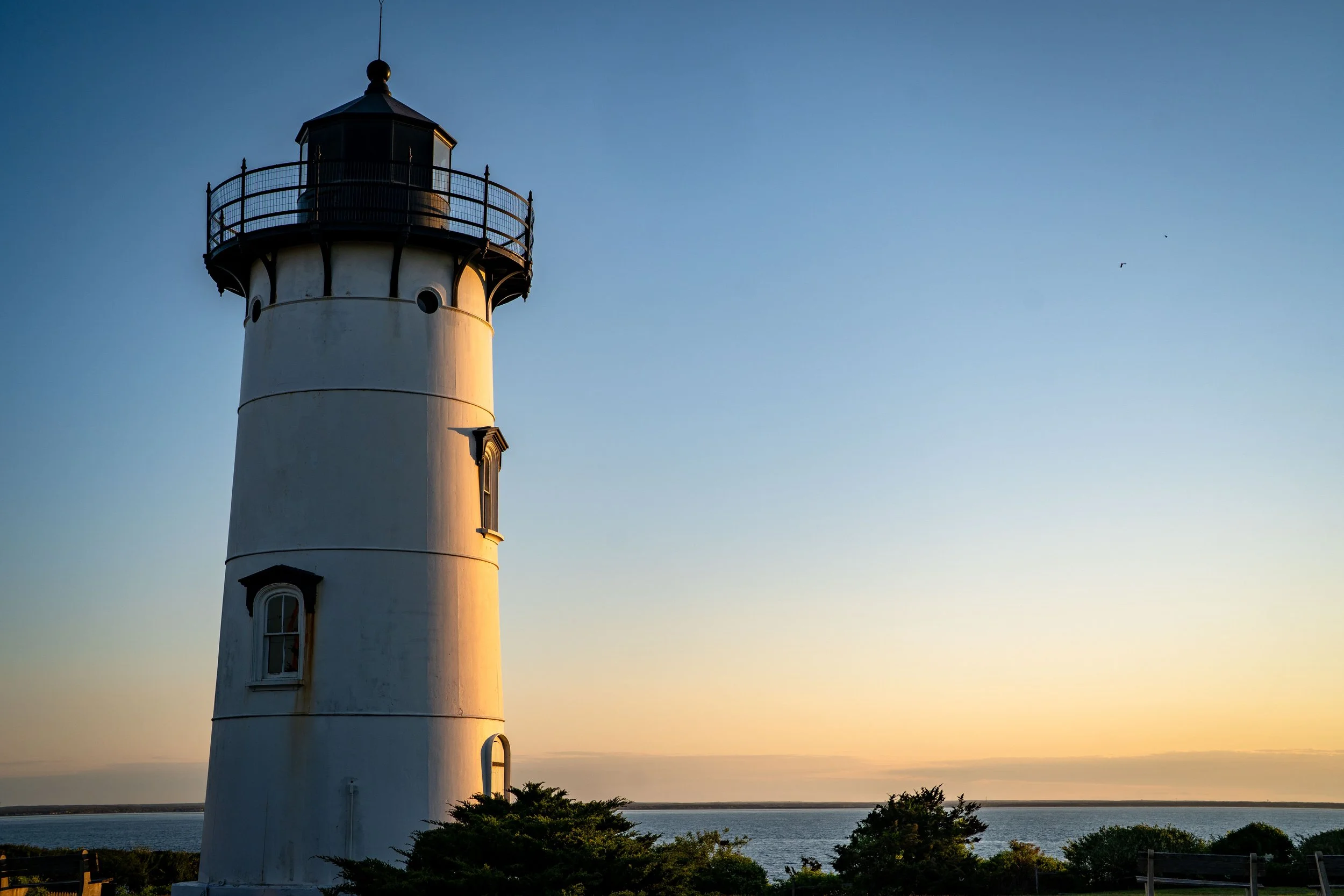 A tall white lighthouse with a black top and railing, situated near water at sunset with trees in the foreground.