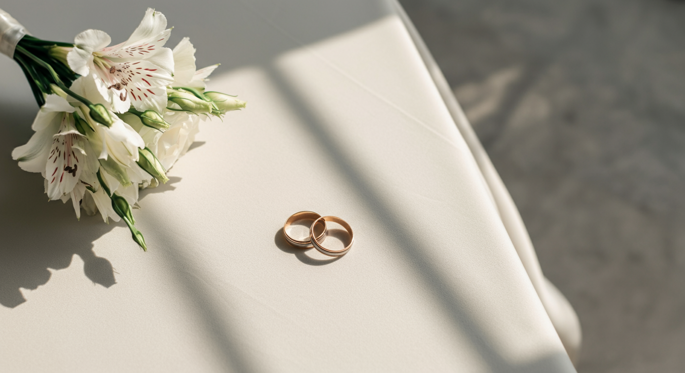 Zwei goldene Eheringe liegen auf einem weißen Tisch neben einem Blumenstrauß mit weißen Blumen.