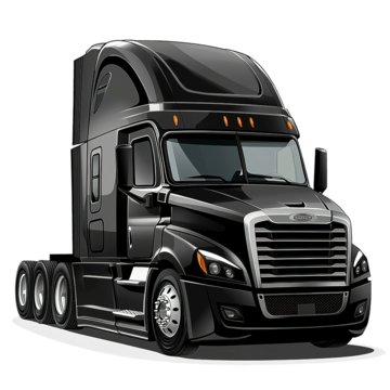 A black semi-truck with a high sleeper cab, parked on a white surface against a black background.