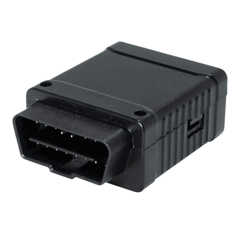 A black automotive engine control module (ECU) with a rectangular connector port.