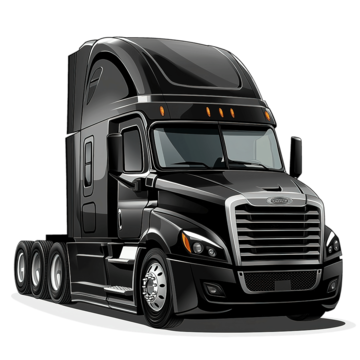 A black semi-truck with a streamlined cab and six wheels, shown from a front-side angle.