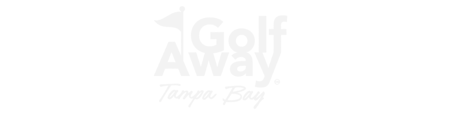 Logo of Golf Away Tampa Bay with a golf flag symbol and text in white and gray.