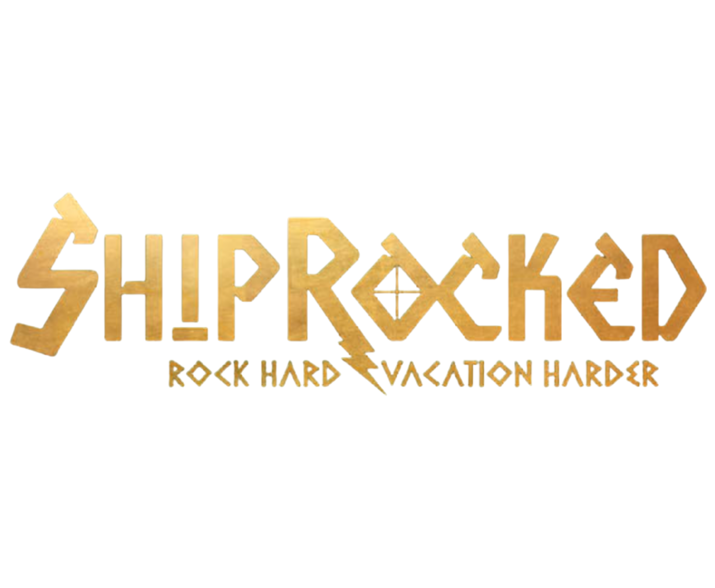 Logo for the cruise ship music festival 'Shiprocked' with the subtitle 'Rock Hard, Vacation Harder' in a stylized font resembling wooden planks.