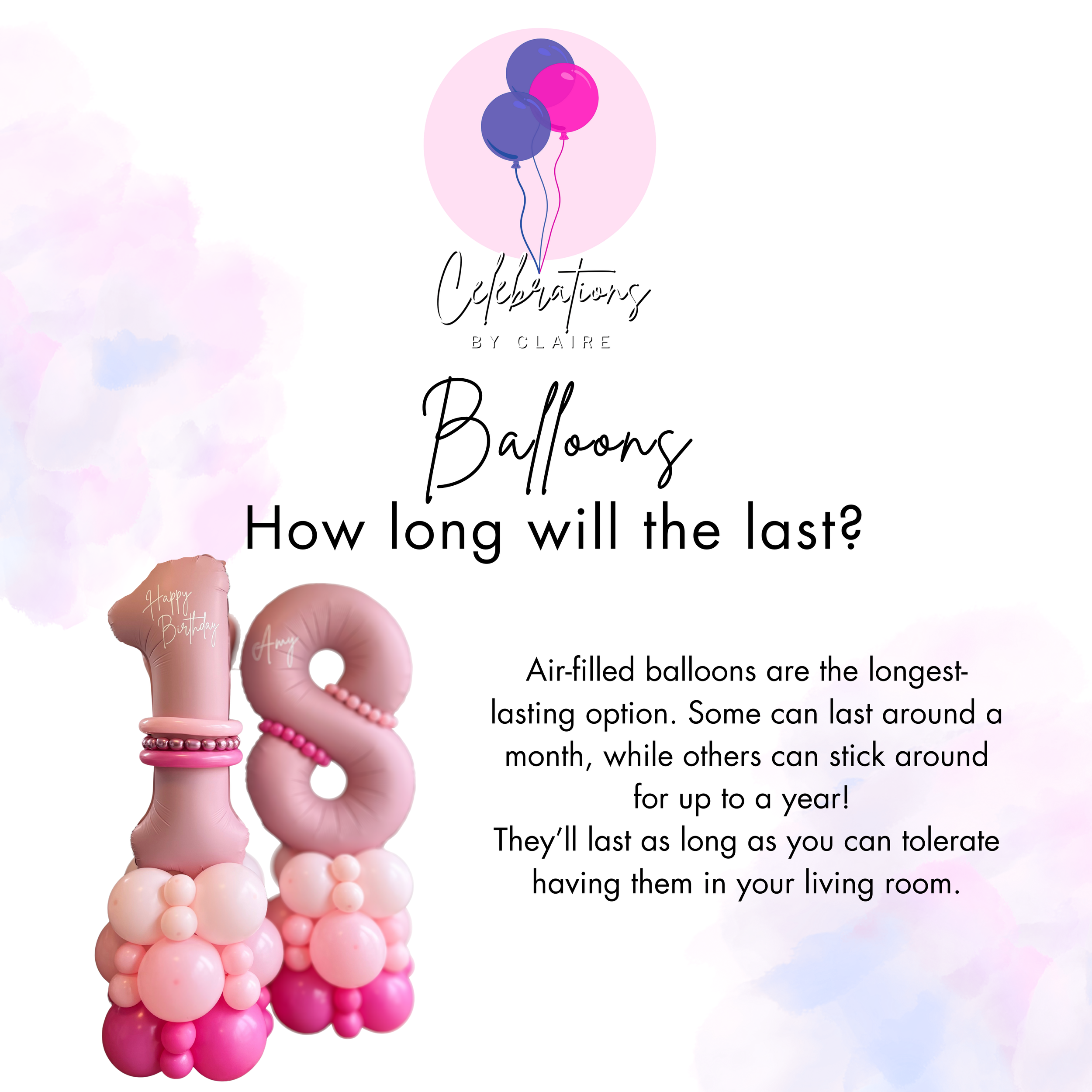 An infographic with pink and purple balloons shaped like the number one and number eight, decorated with smaller balloons and beads, with text explaining the longevity of air-filled balloons for celebrations.