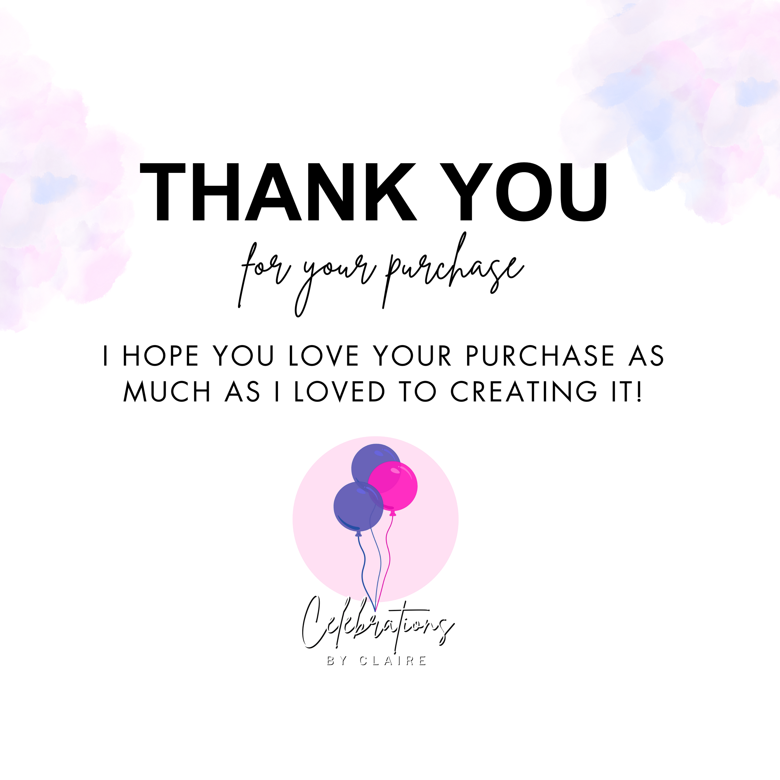Thank you card with watercolor purple and pink floral accents, three balloons, and message expressing gratitude for a purchase.