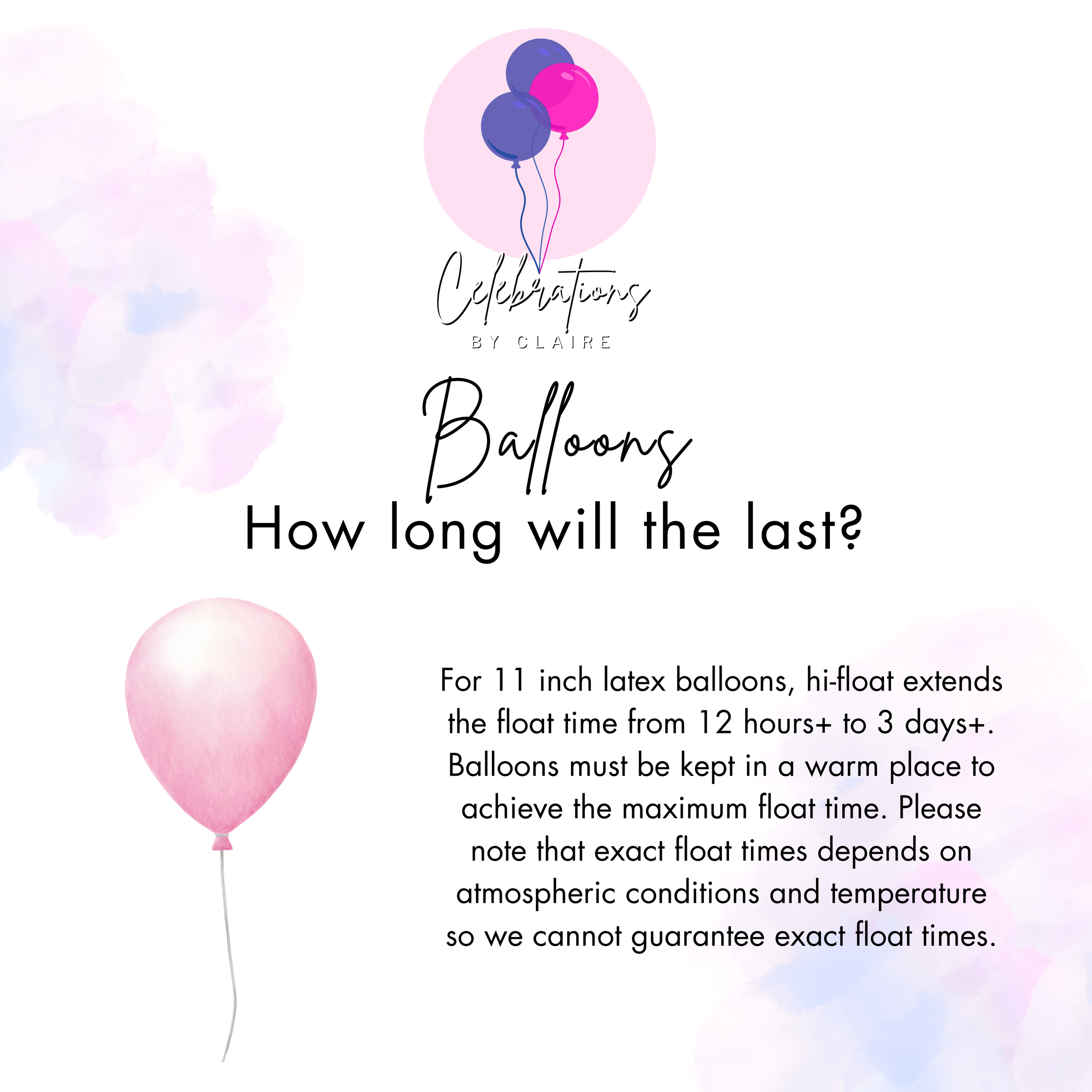 Informational poster about the longevity of 11-inch latex balloons, featuring watercolor-style balloons and text explaining that balloons can last from 12 hours to over 3 days if kept in a warm place, with the exact time depending on atmospheric conditions.