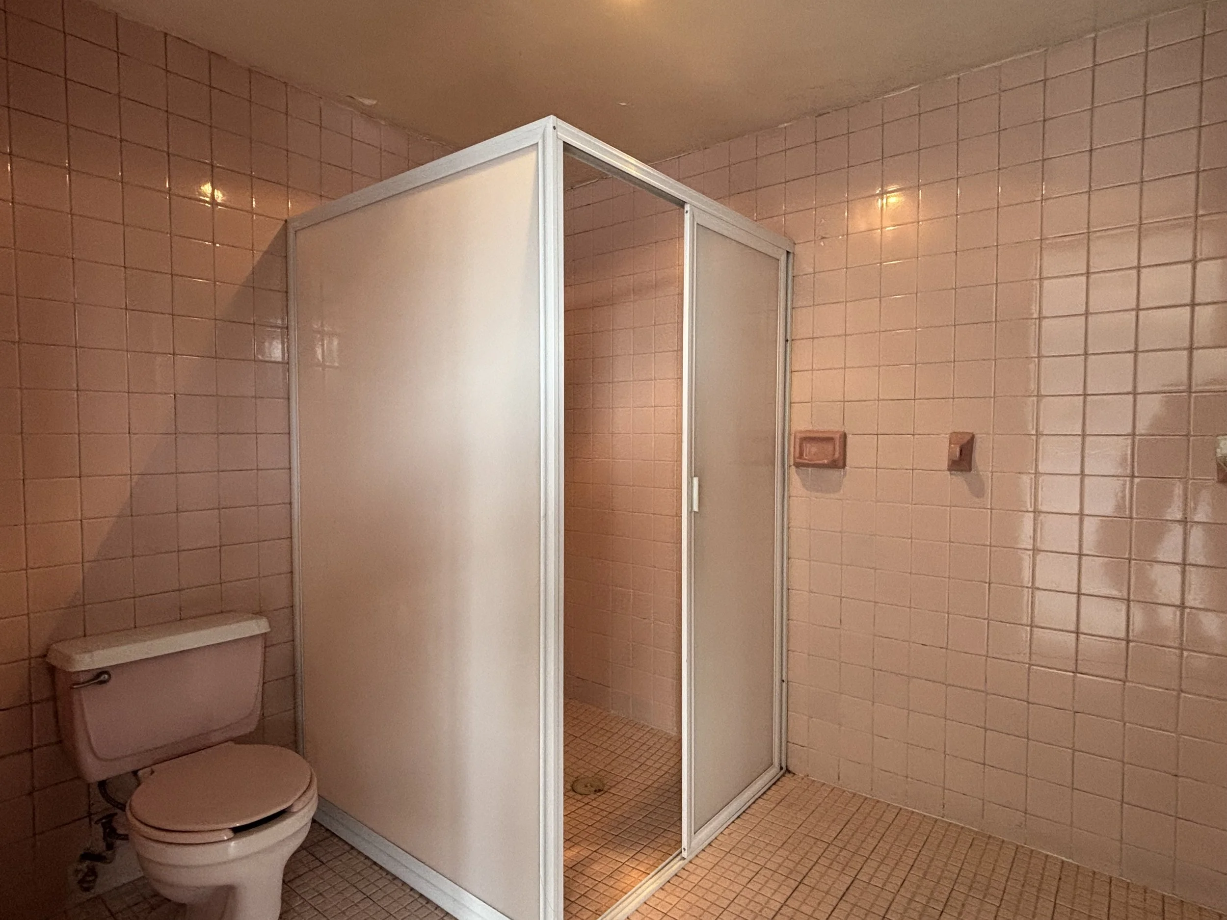 Public restroom with pink tiled walls, a toilet, and a stall with frosted glass doors.