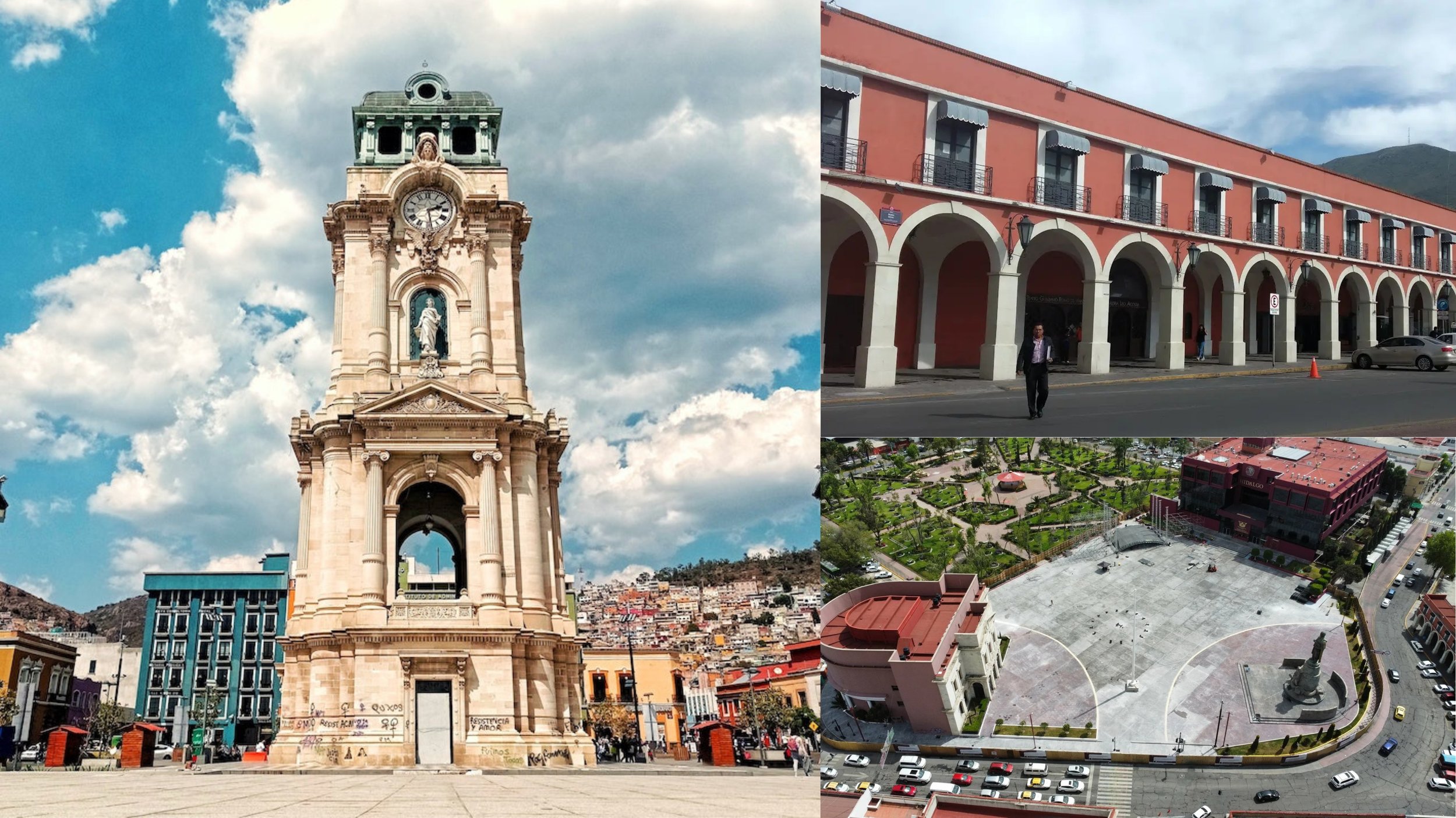 A collage of three images. The first image shows an ornate historic clock tower with a statue below the clock and a background of clouds and cityscape. The second image shows a pink building with arched windows and balconies on a city street. The third image is an aerial view of a plaza with a monument in the center, surrounded by a green park and a pink building, with parking spaces and roads around.