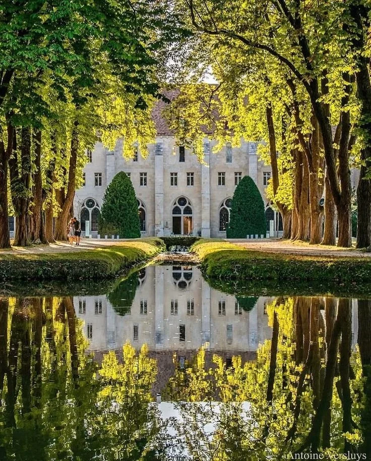 A large historic building is framed by tall trees with green leaves, reflecting in a calm water body in front of it. People are walking on the walkway beside the water.