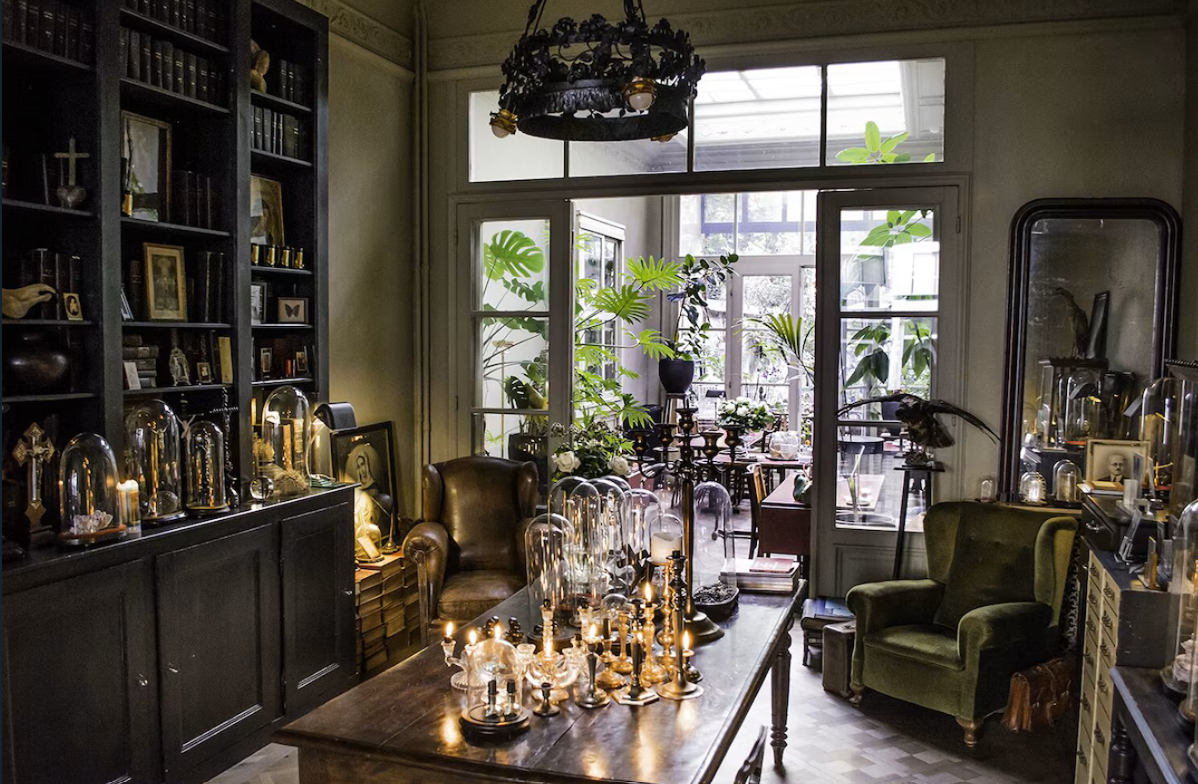 A room with dark furniture and many candles, surrounded by glass domes, with large windows and lots of plants outside, creating a cozy and artistic atmosphere.