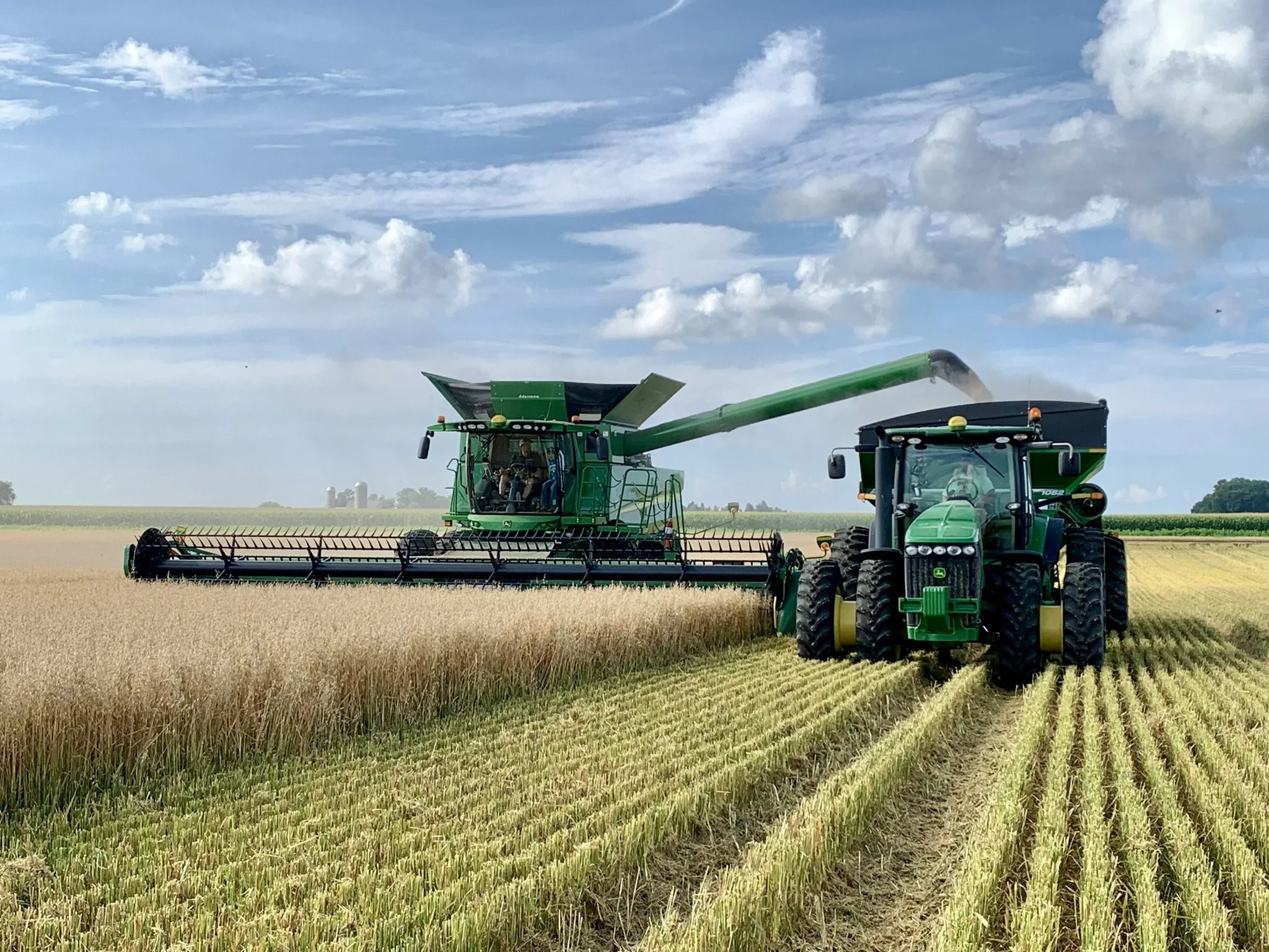 A green combine harvester and a tractor working in a wheat field under a partly cloudy sky.